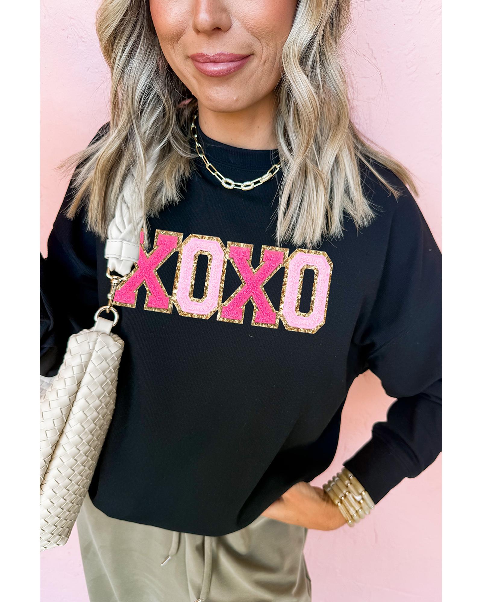 V539-AZEXDC25319269-2-M-202508281555-00 Black Chenille XOXO Patched Drop Shoulder Valentines Pullover Sweatshirt - M - Image 1