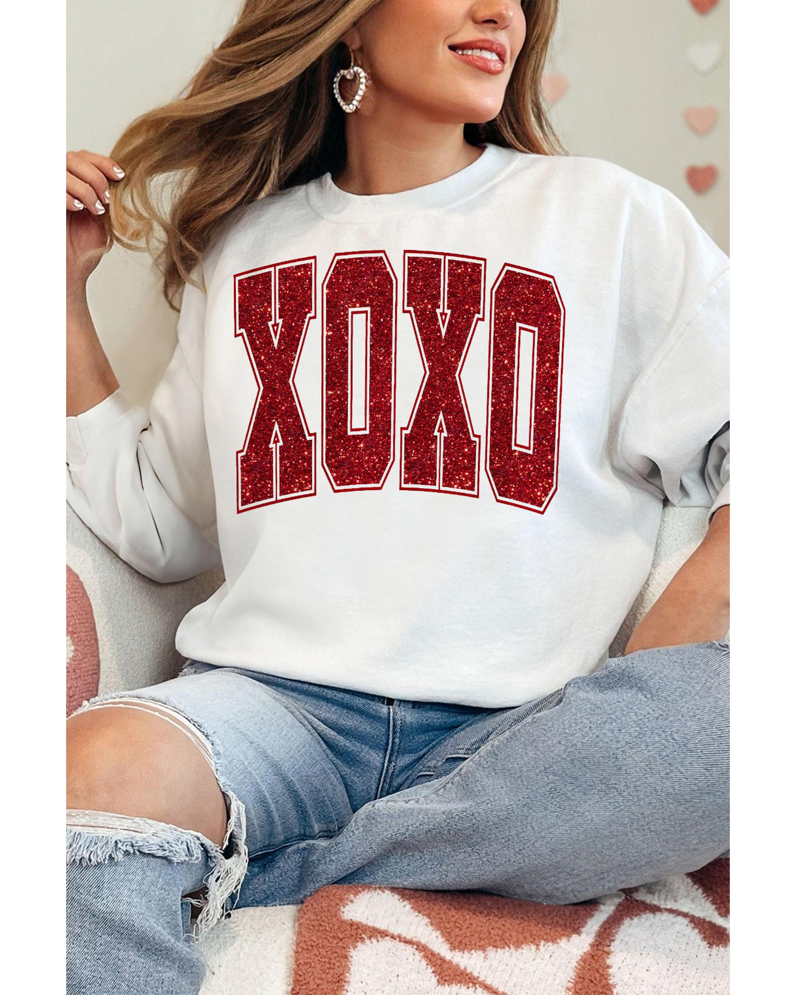 V539-AZEXDC25319275-15-M-202508281825-00 White Glitter XOXO Graphic Crewneck Valentines Pullover Sweatshirt - M - Image 1