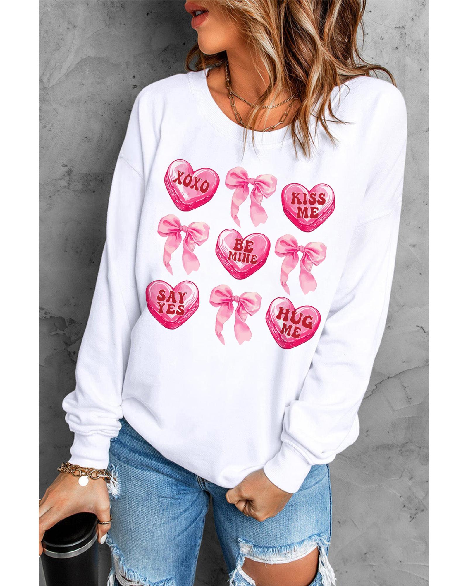 V539-AZEXDC25319283-15-M-202508291620-00 White Valentine Candy Heart & Bow Graphic Sweatshirt - M - Image 1