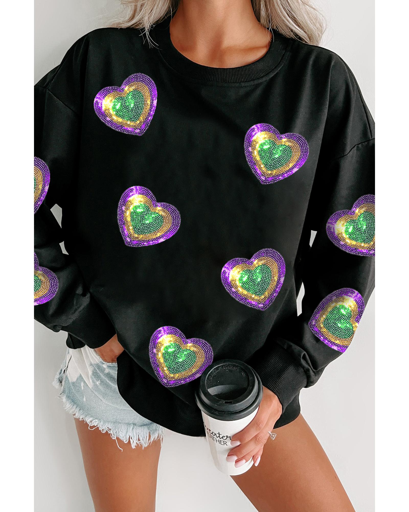 V539-AZEXDC25319304-2-M-202508281345-00 Black Mardi Gras Heart Print Crew Neck Sweatshirt - M - Image 1