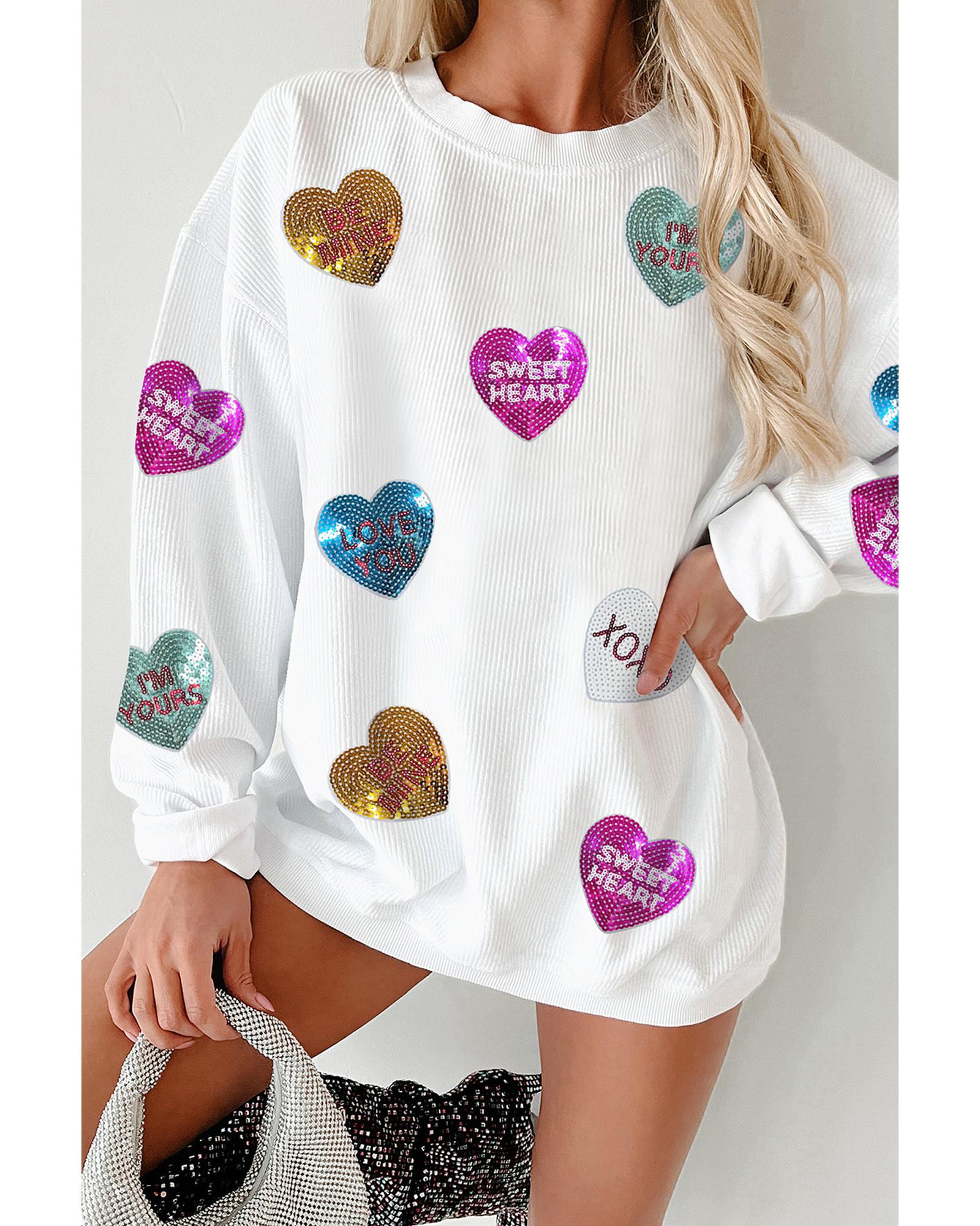 V539-AZEXDC25319307-P1-S-202506131310-00 White Valentines Slogan Heart Sequin Corded Baggy Sweatshirt - S - Image 1