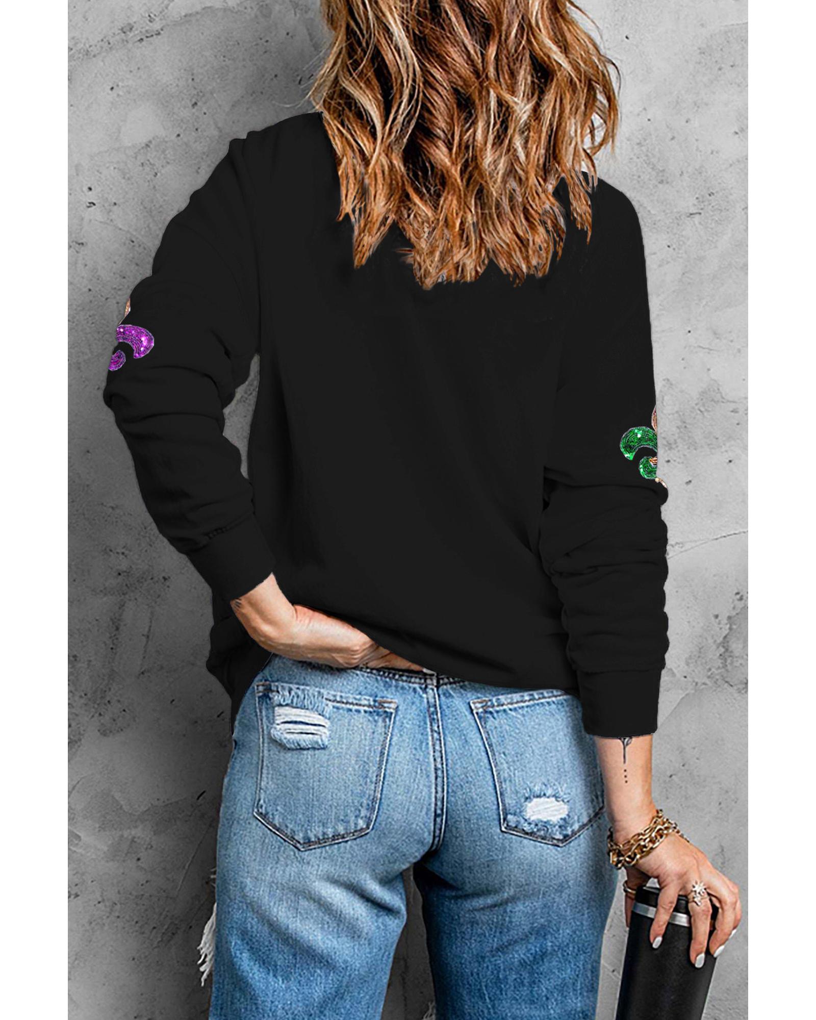 V539-AZEXDC25319309-2-L-202508281130-00 Black Ceramic Rhinestone mardi gras Letter Graphic Sweatshirt - L - Image 1