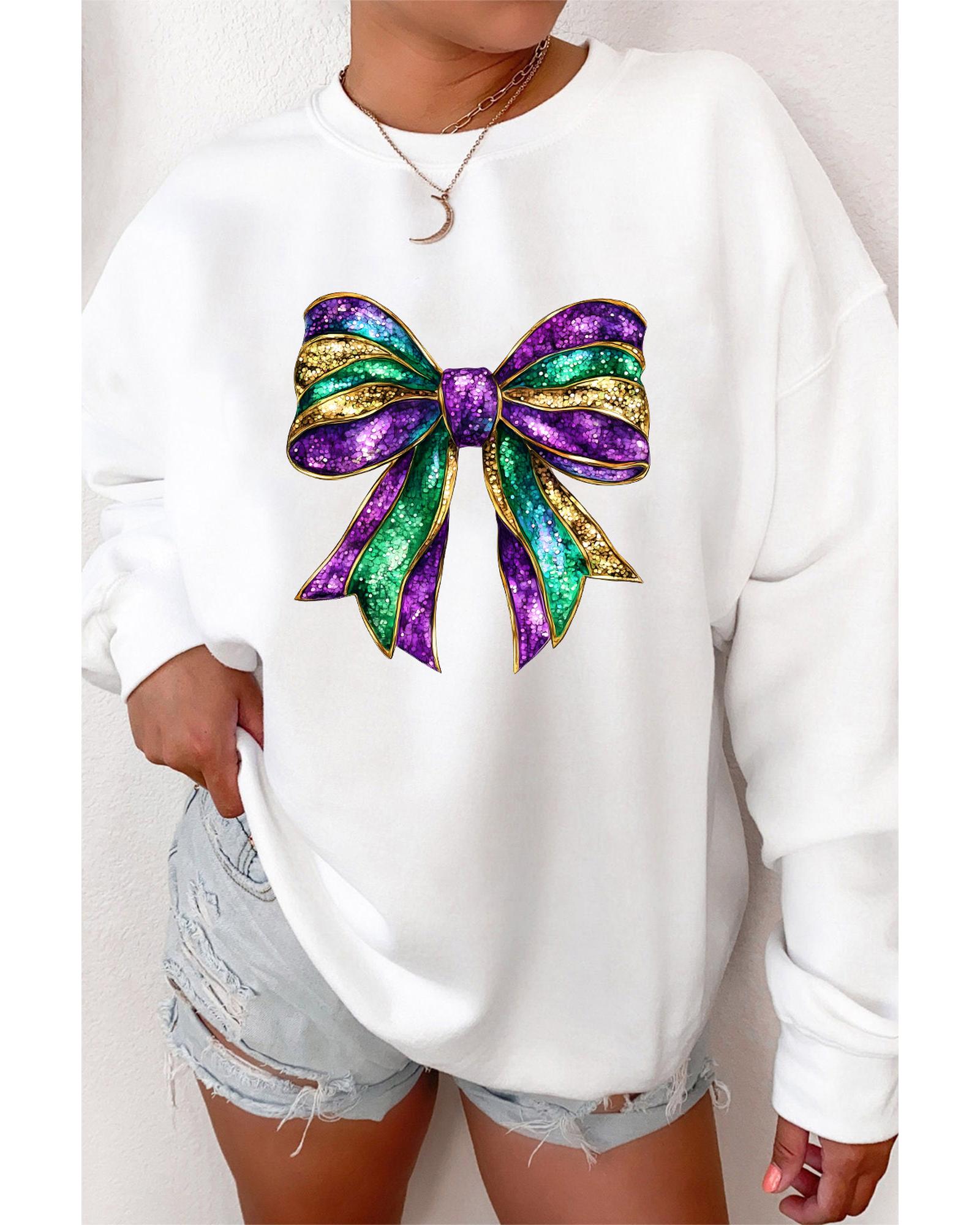 V539-AZEXDC25319324-15-2XL-202508290235-00 White Mardi Gras Bow Graphic Drop Shoulder Sweatshirt - 2XL - Image 1
