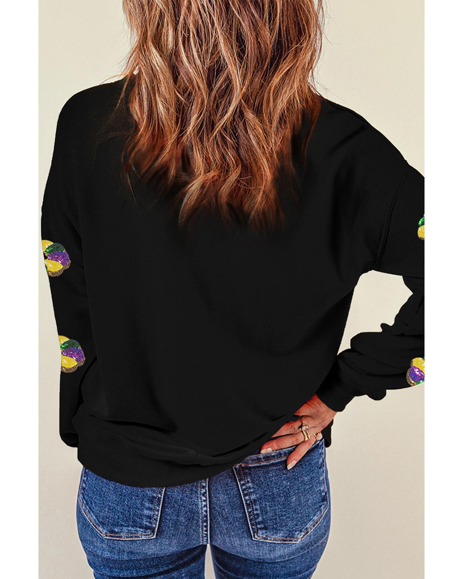 V539-AZEXDC25319381-2-L-202508291440-00 Black Sequined Donuts of Mardi Gras Colors Drop Shoulder Sweatshirt - L - Image 1