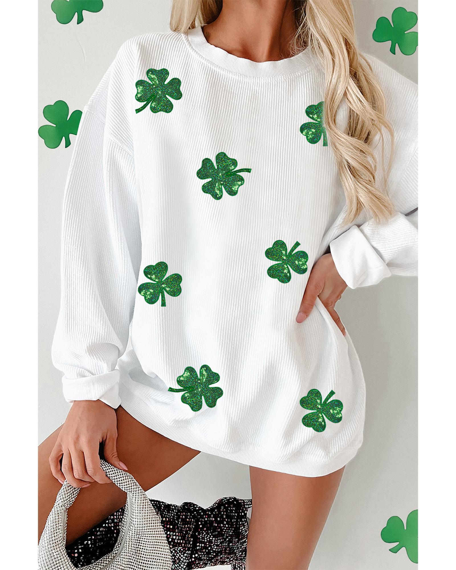 V539-AZEXDC25319437-P1-S-202506130837-00 White Sequin Clover Patched Drop Shoulder Corded Sweatshirt - S - Image 1