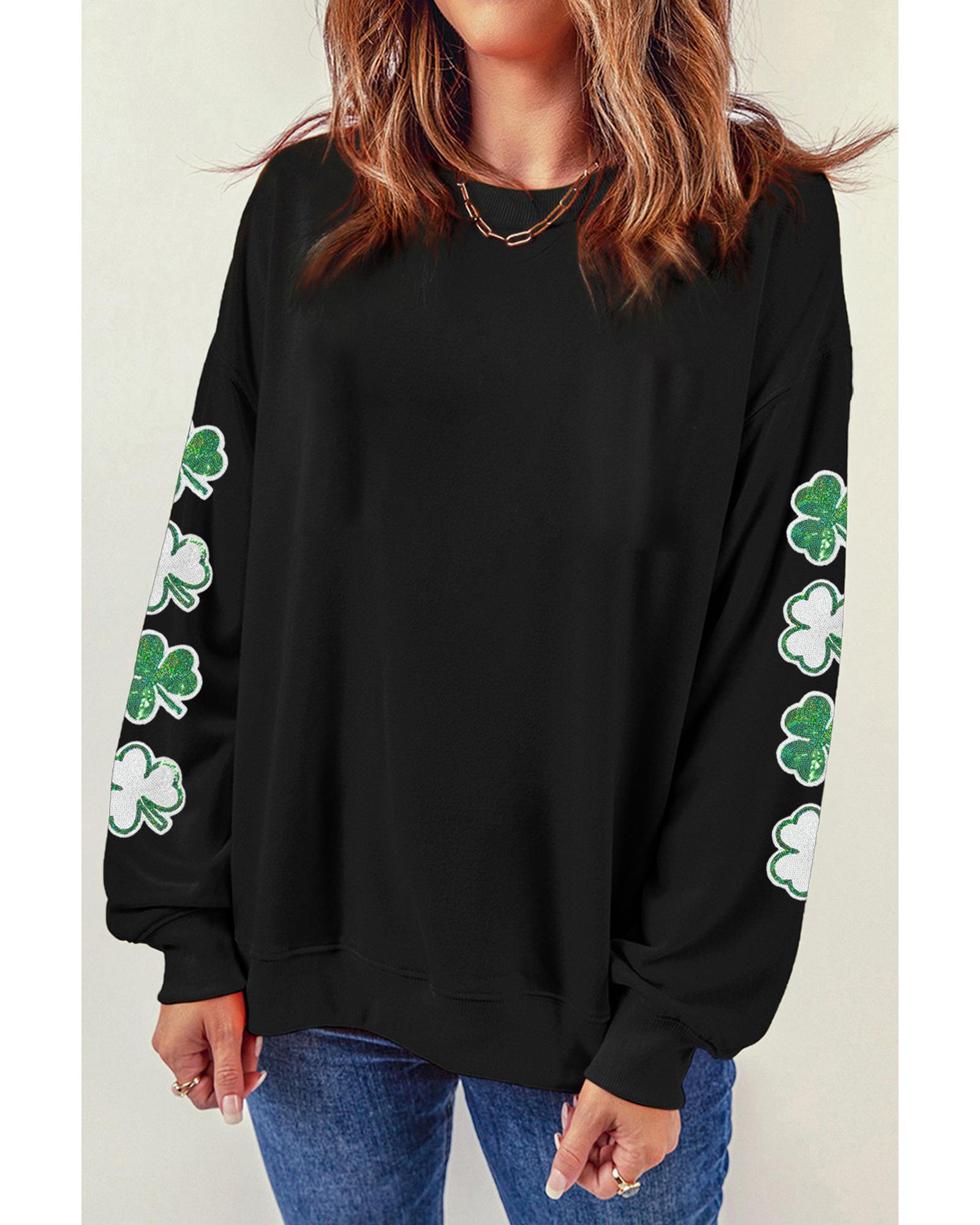 V539-AZEXDC25319439-2-L-202508280440-00 Black Sequin Clover Patched Drop Shoulder Sweatshirt - L - Image 1