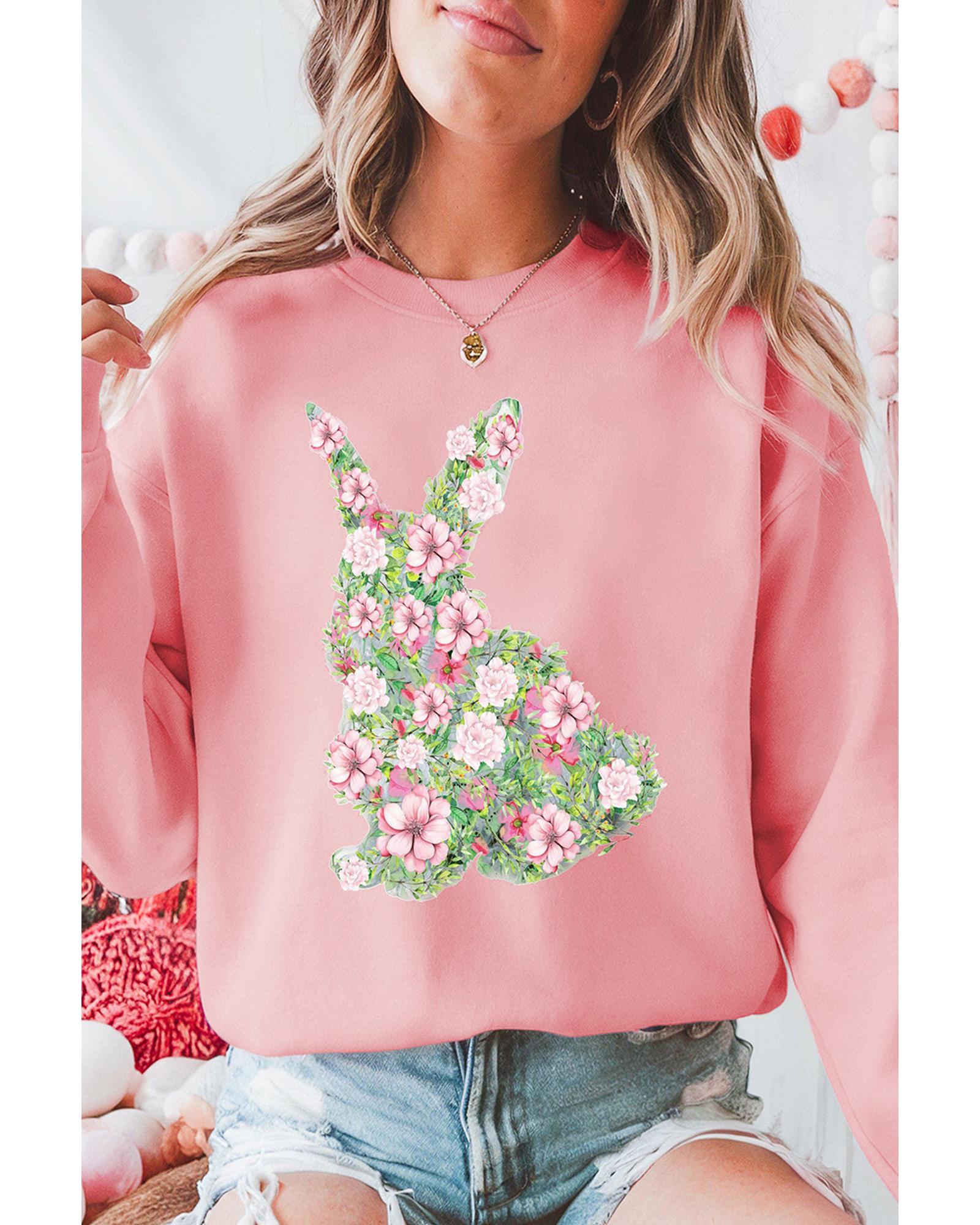 V539-AZEXDC25319446-10-S-202506130846-00 Pink Floral Bunny Printed Crewneck Easter Fashion Sweatshirt - S - Image 1