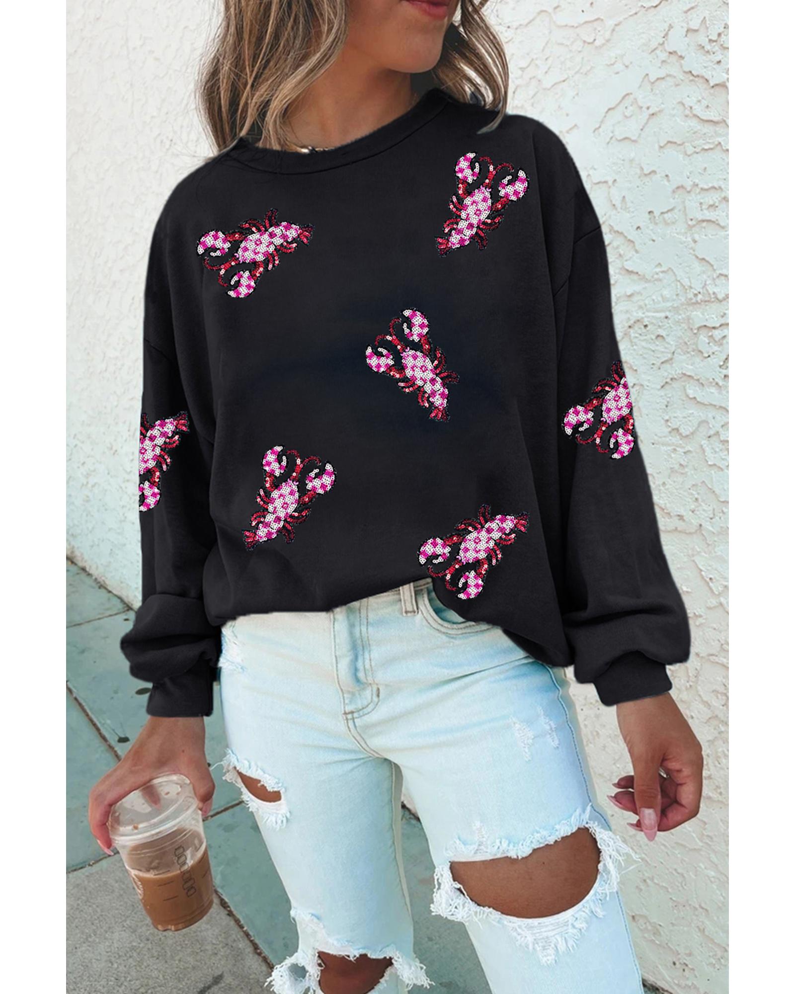 V539-AZEXDC25319483-2-XL-202508282050-00 Black Sequined Crawfish Graphic Drop Shoulder Sweatshirt - XL - Image 1