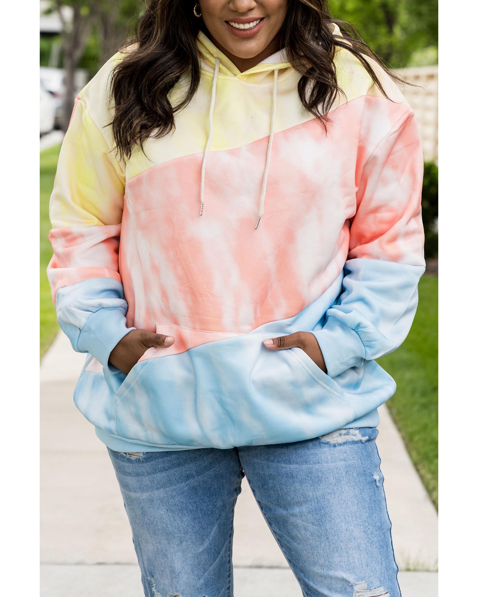 V539-AZEXDC253672-4-1X-202506130930-00 Sky Blue Colorblock Kangaroo Pocket Plus Size Hoodie - 1X - Image 1