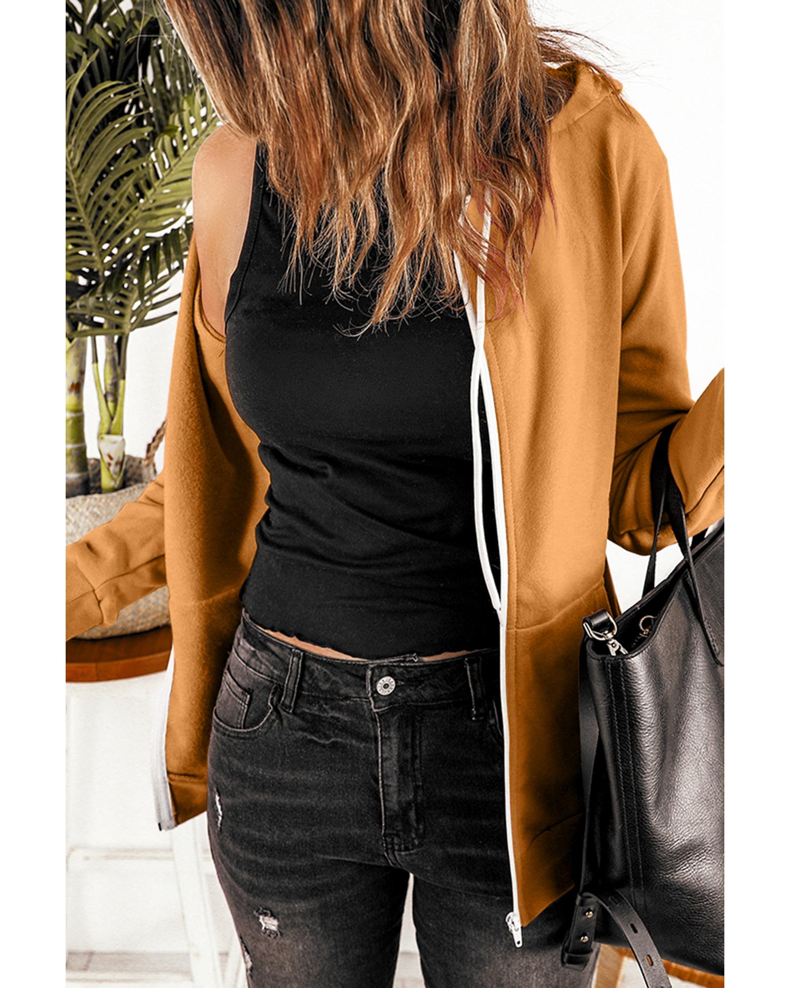 V539-AZEXDC253726-17-L-202508300240-00 Brown Zip-Up Pocket Drawstring Hoodie Jacket - L - Image 1