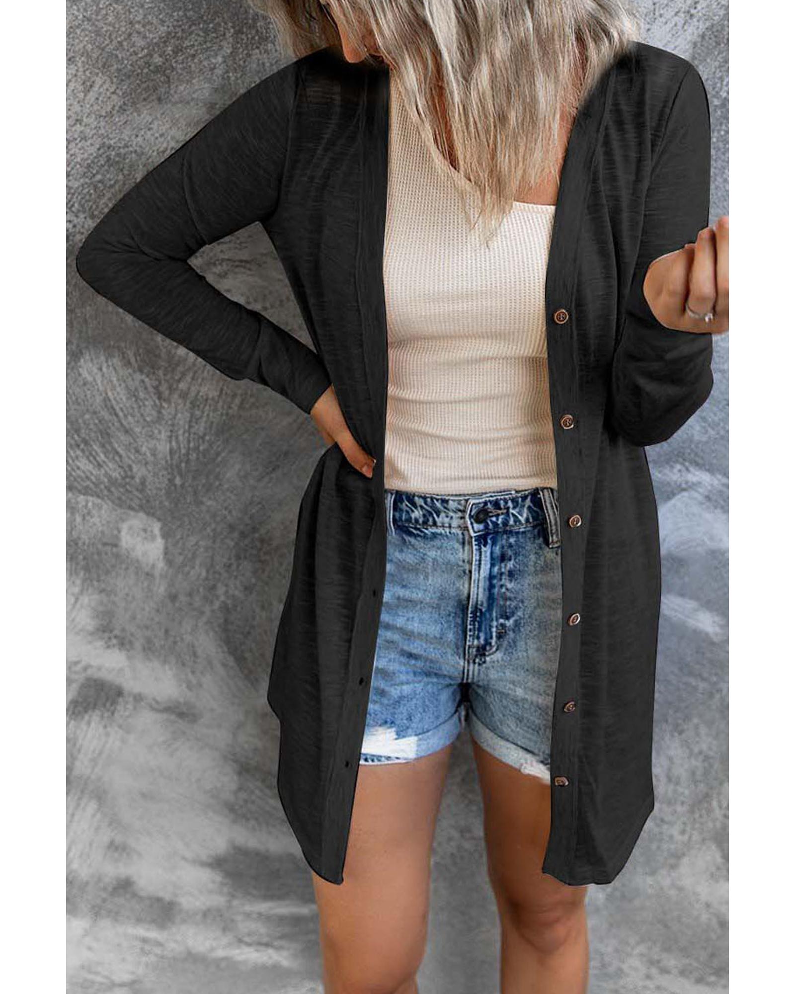 V539-AZEXDC2541048-2-2XL-202508281045-00 Azura Exchange Black Solid Color Open-Front Buttons Cardigan - 2XL - Image 1