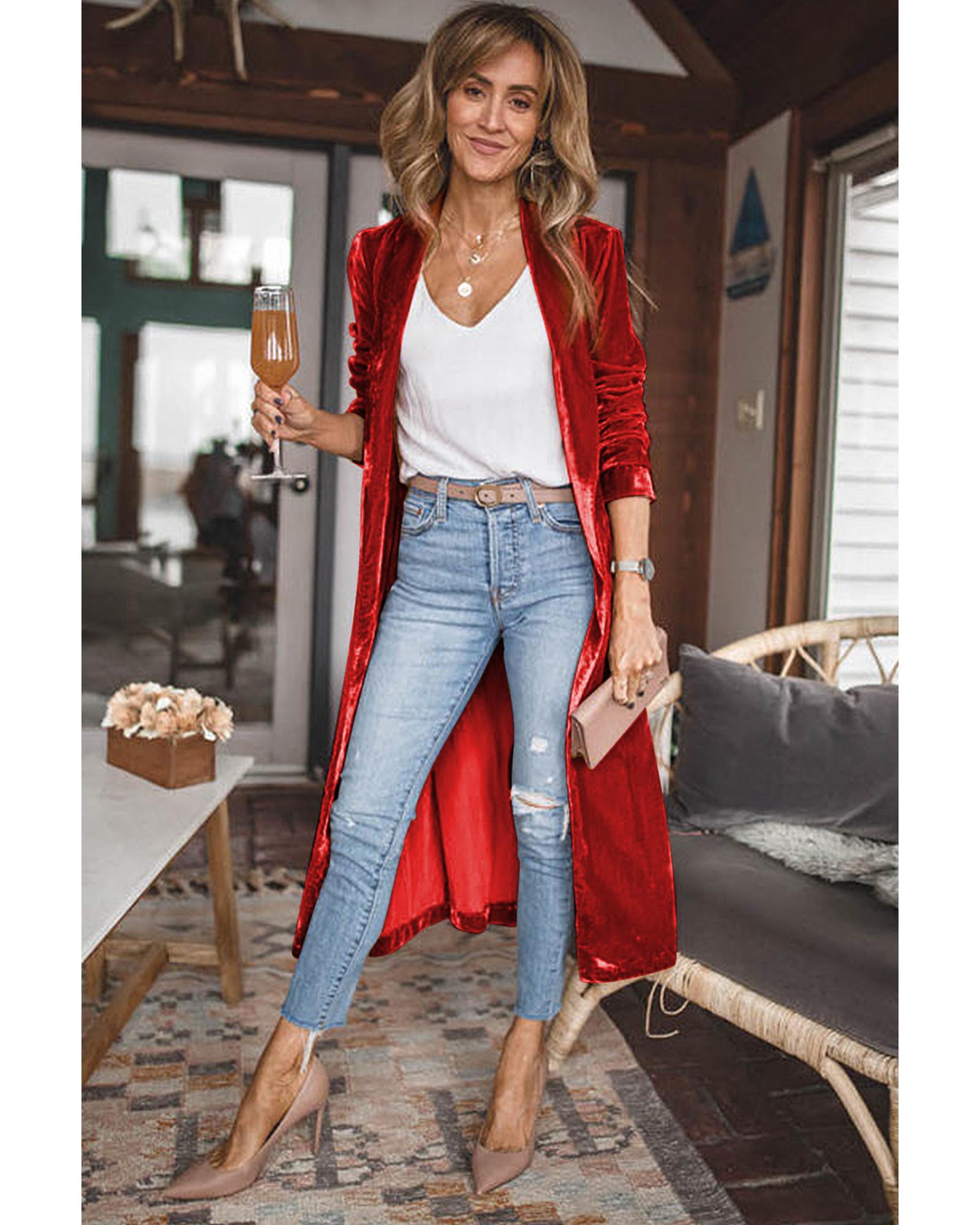 V539-AZEXDC2541539-3-XL-202508270145-00 Red Velvet Open Front Pocketed Long Duster - XL - Image 1