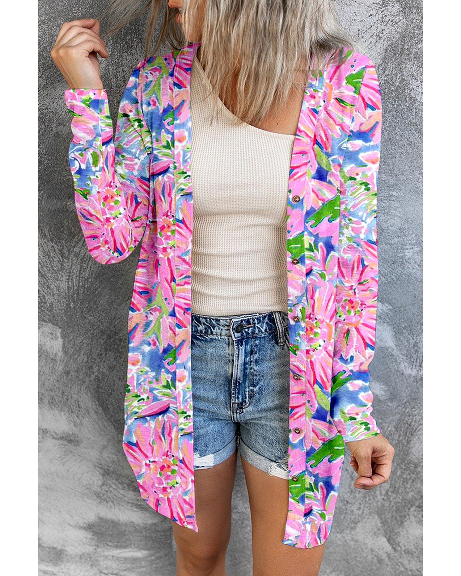 V539-AZEXDC2541907-10-S-202508271145-00 Pink Flower Print Long Sleeve Button Up Cardigan - S - Image 1
