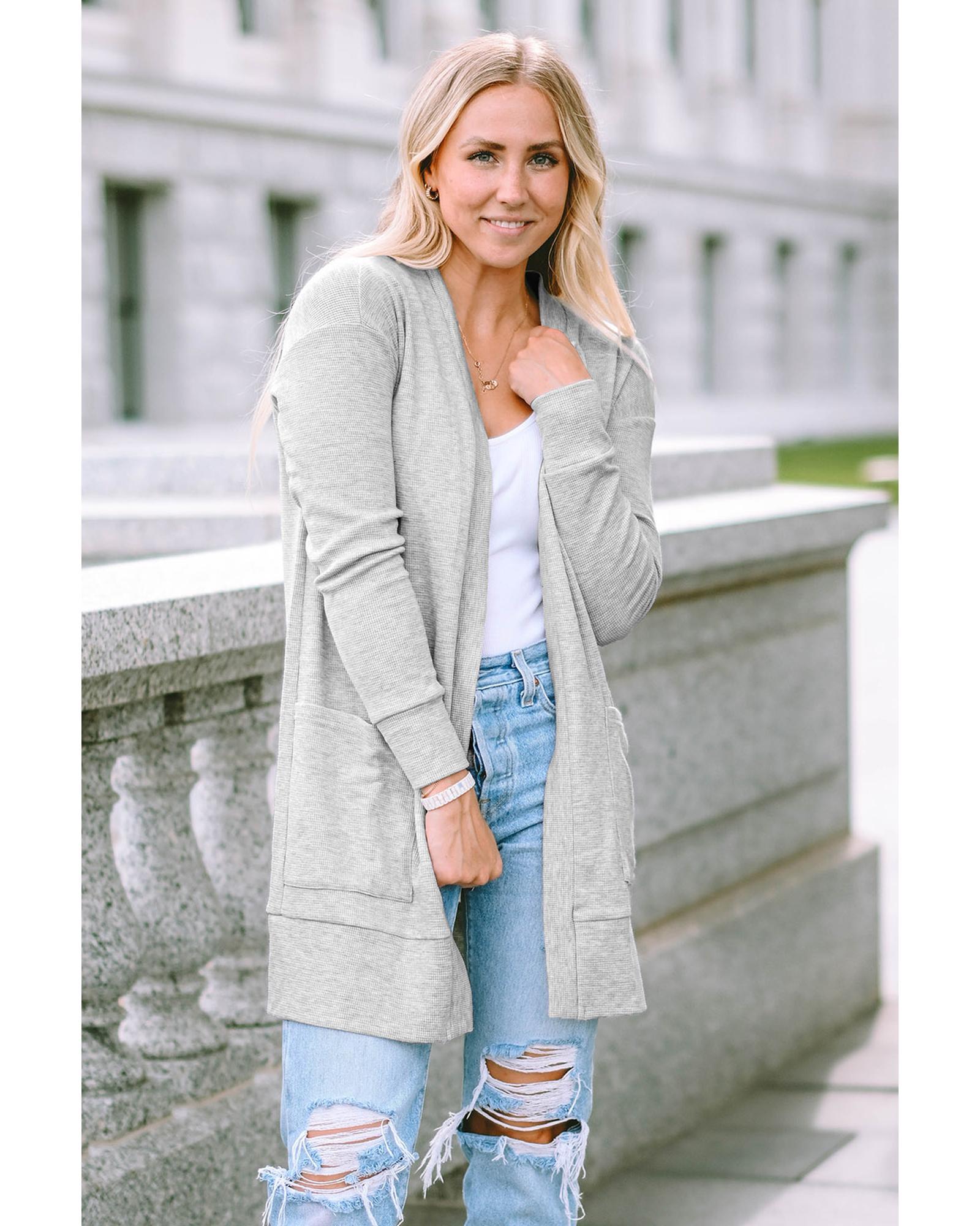 V539-AZEXDC2541946-15-M-202508281825-00 Beige Thermal Waffle Knit Pocketed Cardigan - M - Image 1