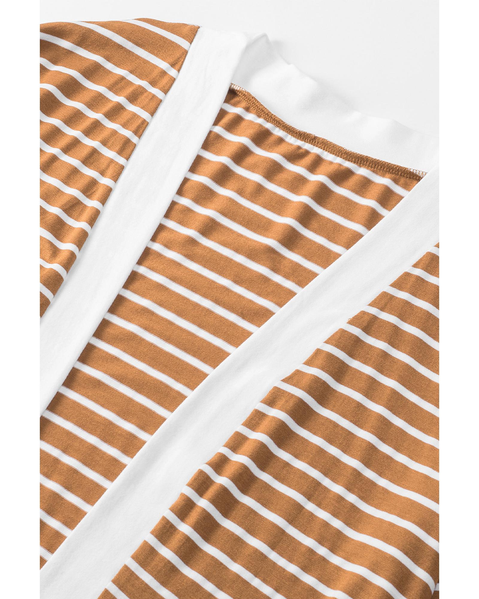 V539-AZEXDC2541971-17-2XL-202508291850-00 Brown Striped Side Pockets Open Front Cardigan - 2XL - Image 1