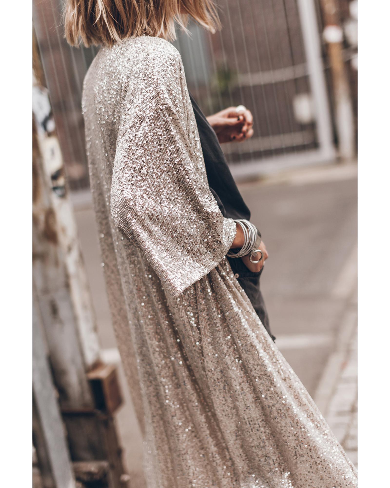 V539-AZEXDC2542013-18-S-202506131153-00 Apricot Sequin 3/4 Sleeve Open Front Duster Kimono - S - Image 1
