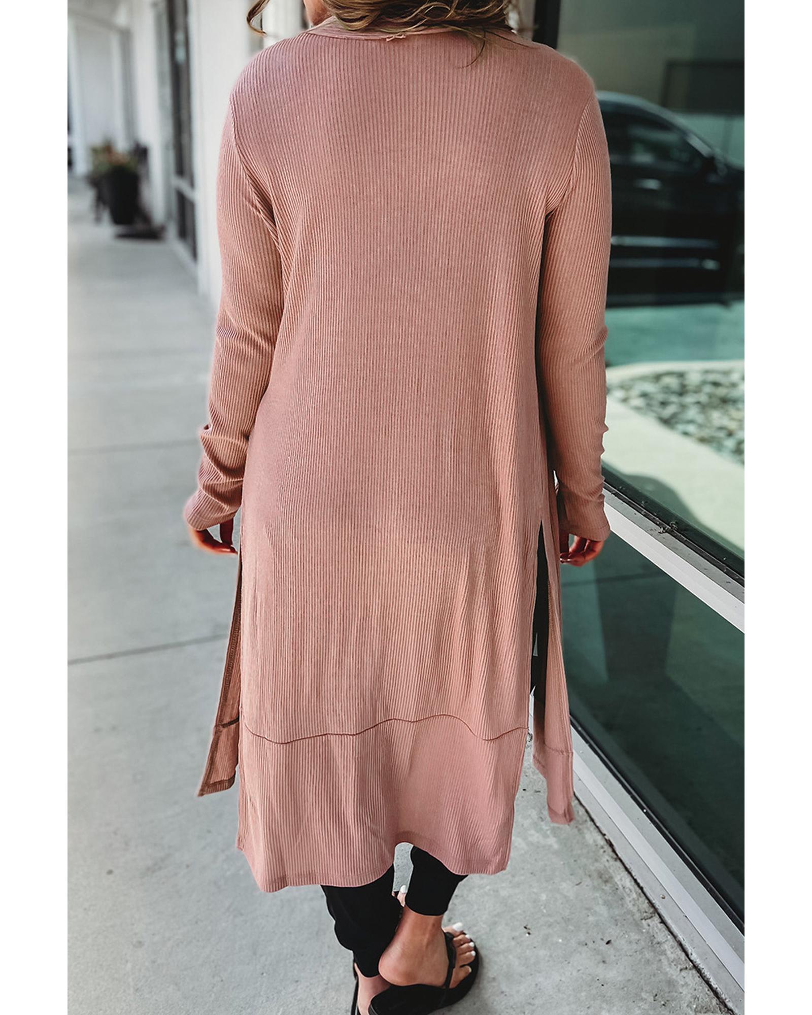 V539-AZEXDC2542030-10-M-202508290105-00 Pink Ribbed Button-Up Split Duster Cardigan - M - Image 1