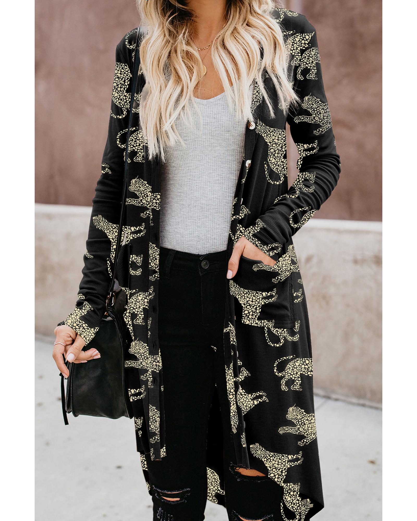 V539-AZEXDC2542203-P220-L-202506131220-00 Black Printed Animal Print Ribbed Knit Cardigan - L - Image 1