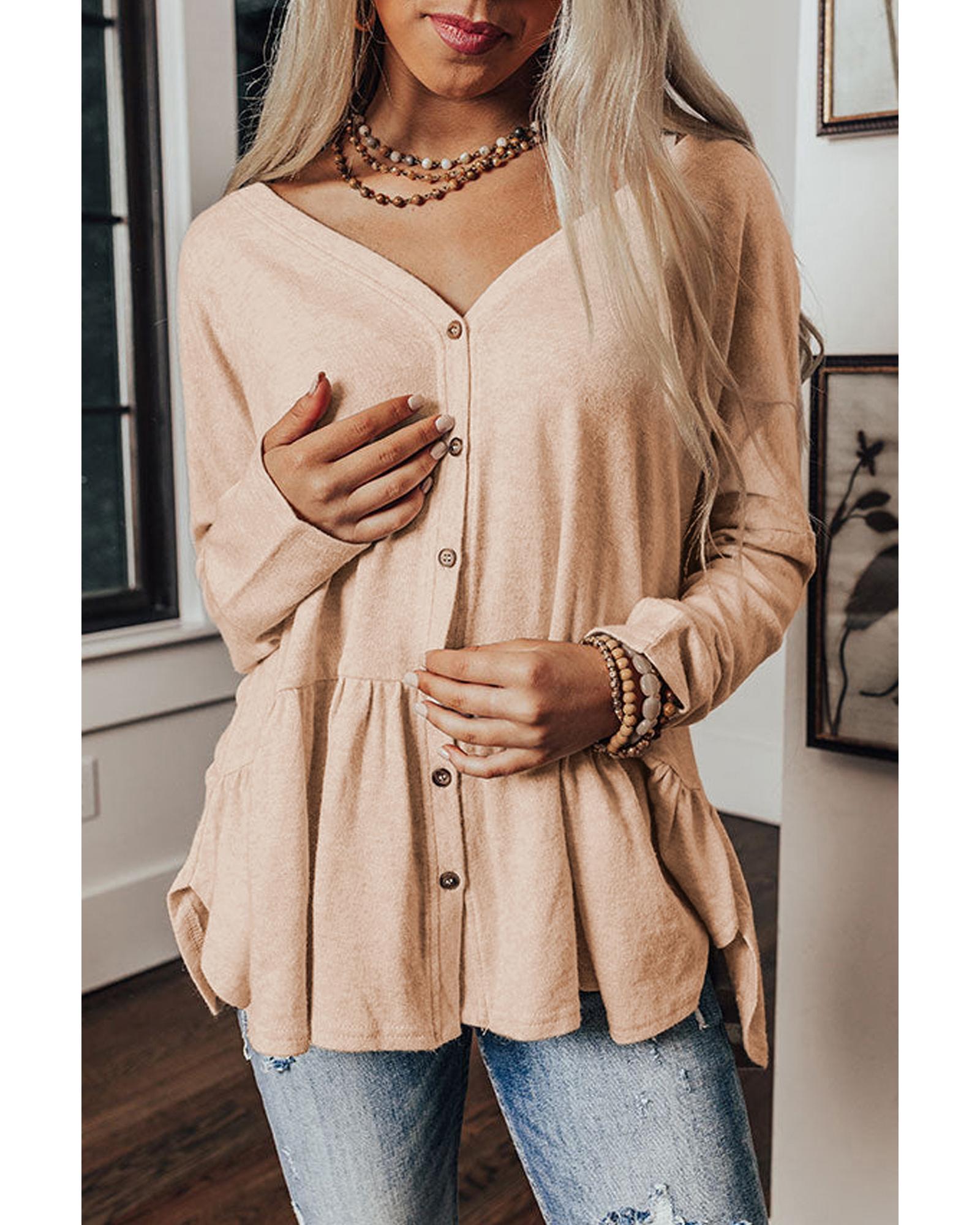 V539-AZEXDC2542469-P2015-XL-202508291440-00 Jet Stream Ruffled V Neck Buttoned V Neck Shirt - XL - Image 1