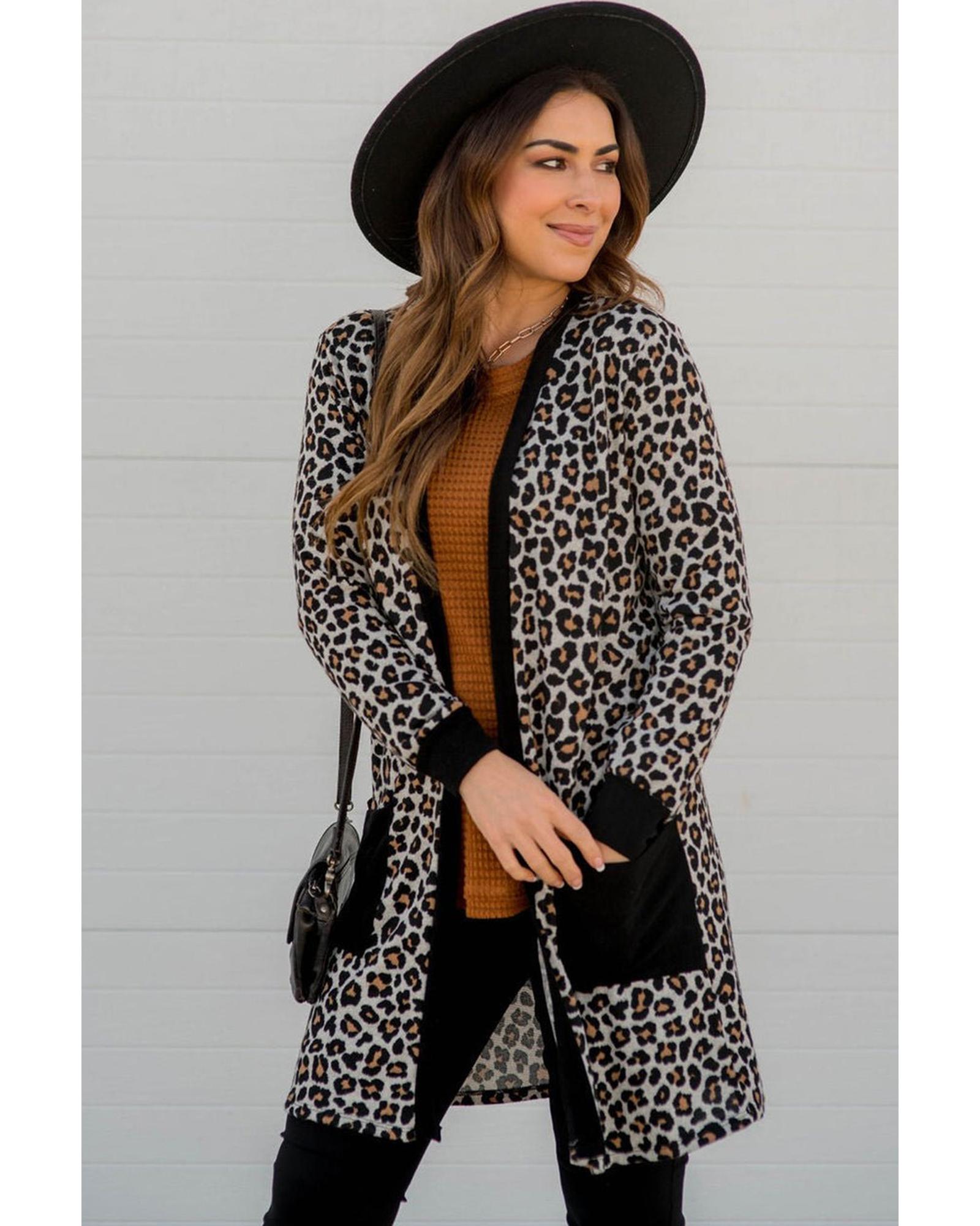 V539-AZEXDC2542502-P220-S-202506130737-00 Black Leopard Patched Pocket Open Front Cardigan - S - Image 1