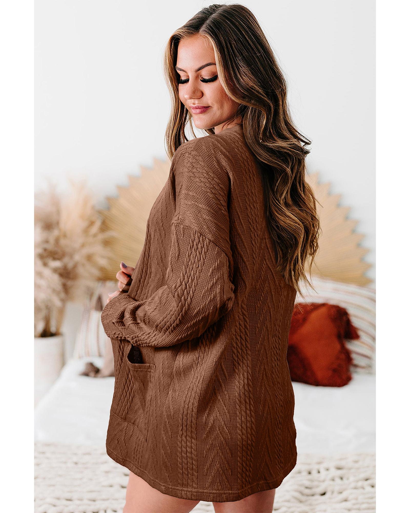 V539-AZEXDC2542505-P1017-M-202508281810-00 Coffee Solid Textured Open Front Cardigan with Pocket - M - Image 1
