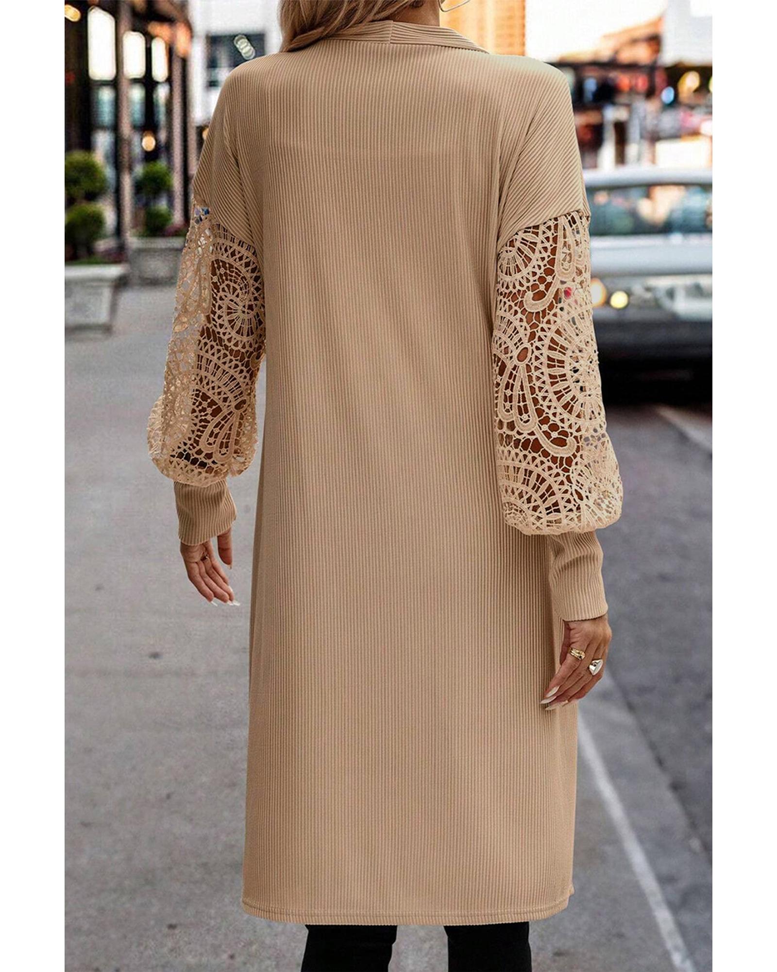 V539-AZEXDC2542508-P6016-S-202506130811-00 Parchment Lace Patchwork Ribbed Knit Open Front Duster Cardigan - S - Image 1