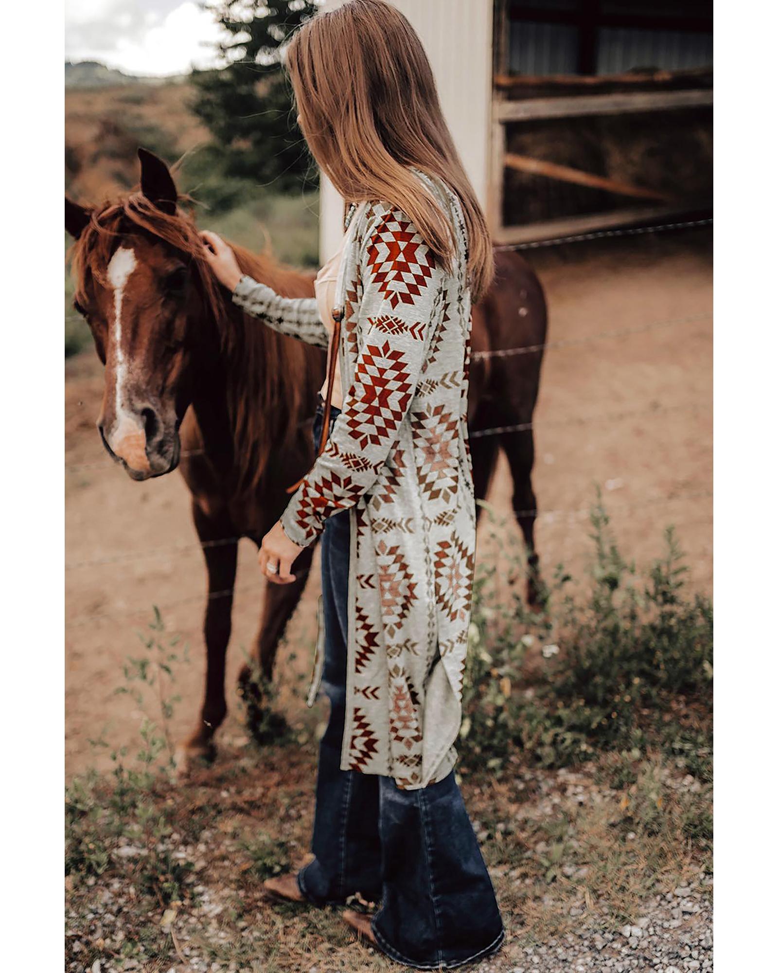 V539-AZEXDC2542552-P1720-S-202506130830-00 Brown Western Aztec Printed Open Front Long Cardigan - S - Image 1