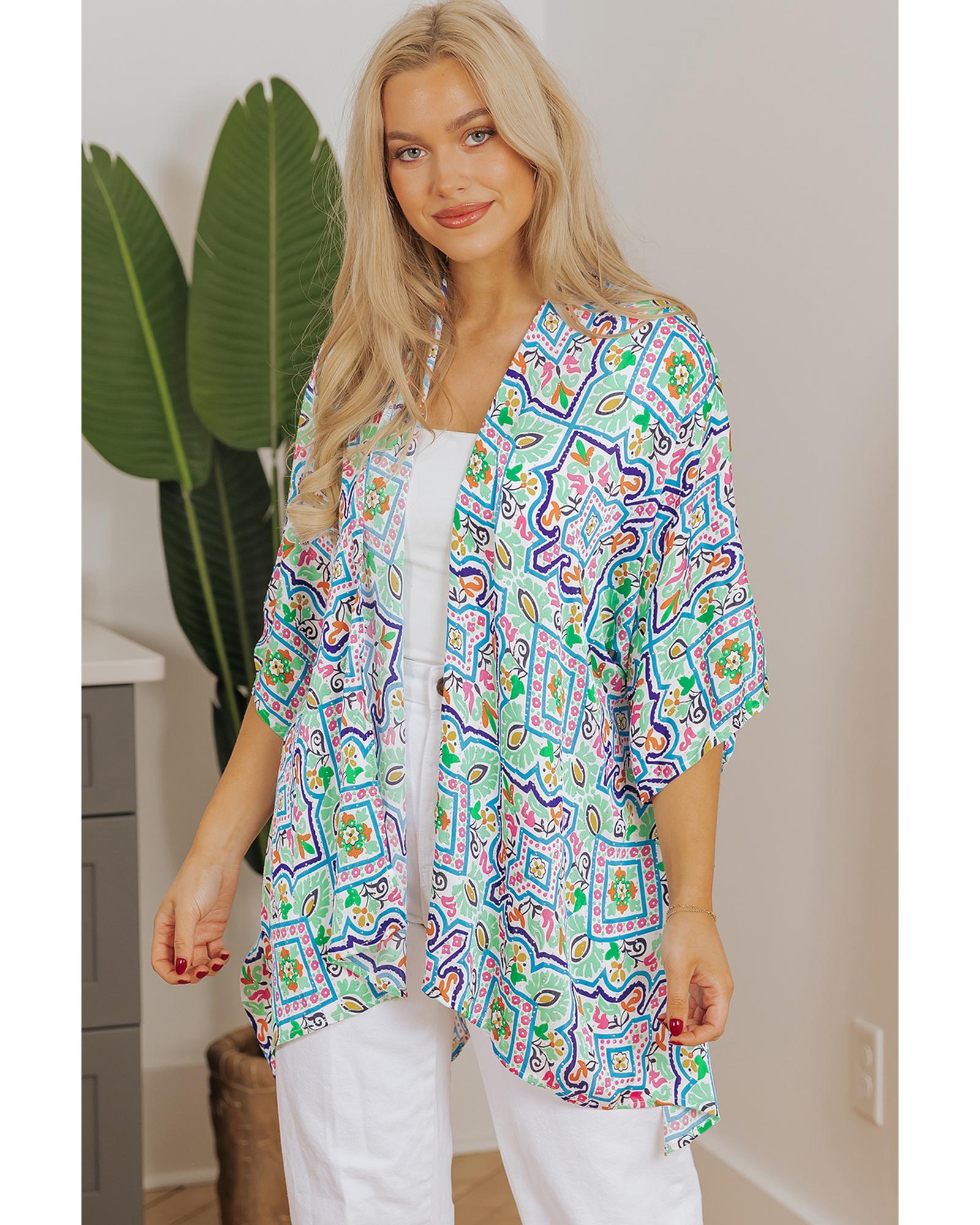 V539-AZEXDC2542560-P120-XL-202508281620-00 White Boho Floral Printed Rhinestone 3/4 Sleeve Open Front Kimono - XL - Image 1