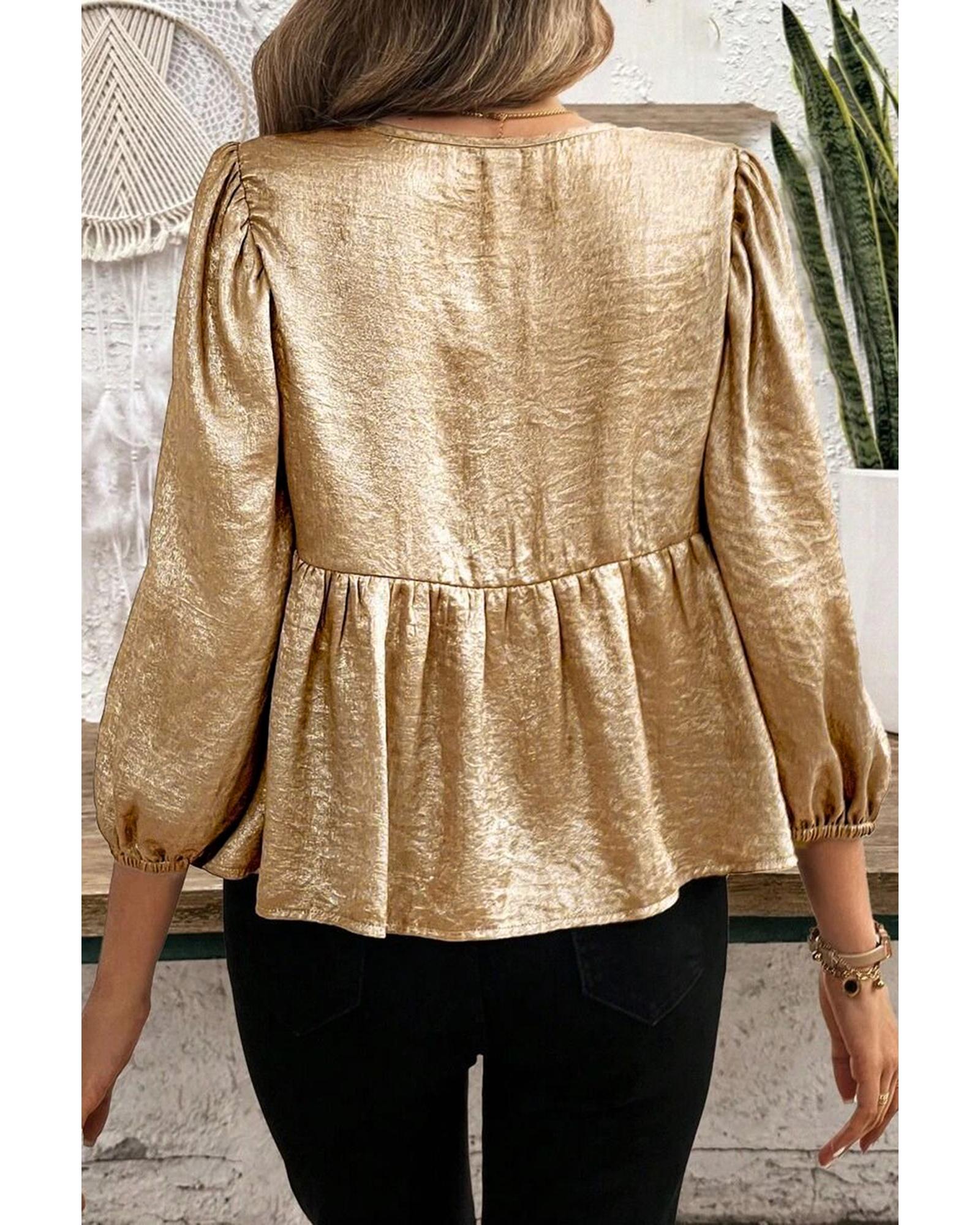 V539-AZEXDC2542645-P12-XL-202508281800-00 Gold Bow Tie Front Puff 3/4 Sleeve Ruffle Hem Blouse - XL - Image 1