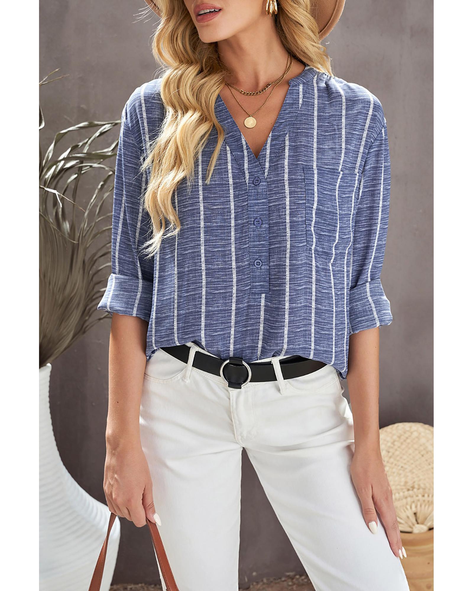 V539-AZEXDC2551025-5-S-202508290810-00 Azura Exchange Striped V Neck Pocket Long Sleeve Top - S - Image 1