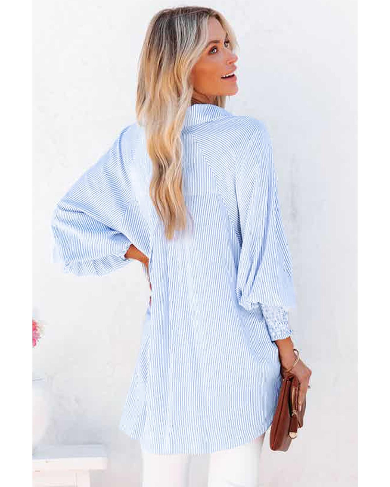 V539-AZEXDC2552685-4-M-202508261135-00 Azura Exchange Striped Boyfriend Shirt with Smocked Cuffs and Pocket - M - Image 1