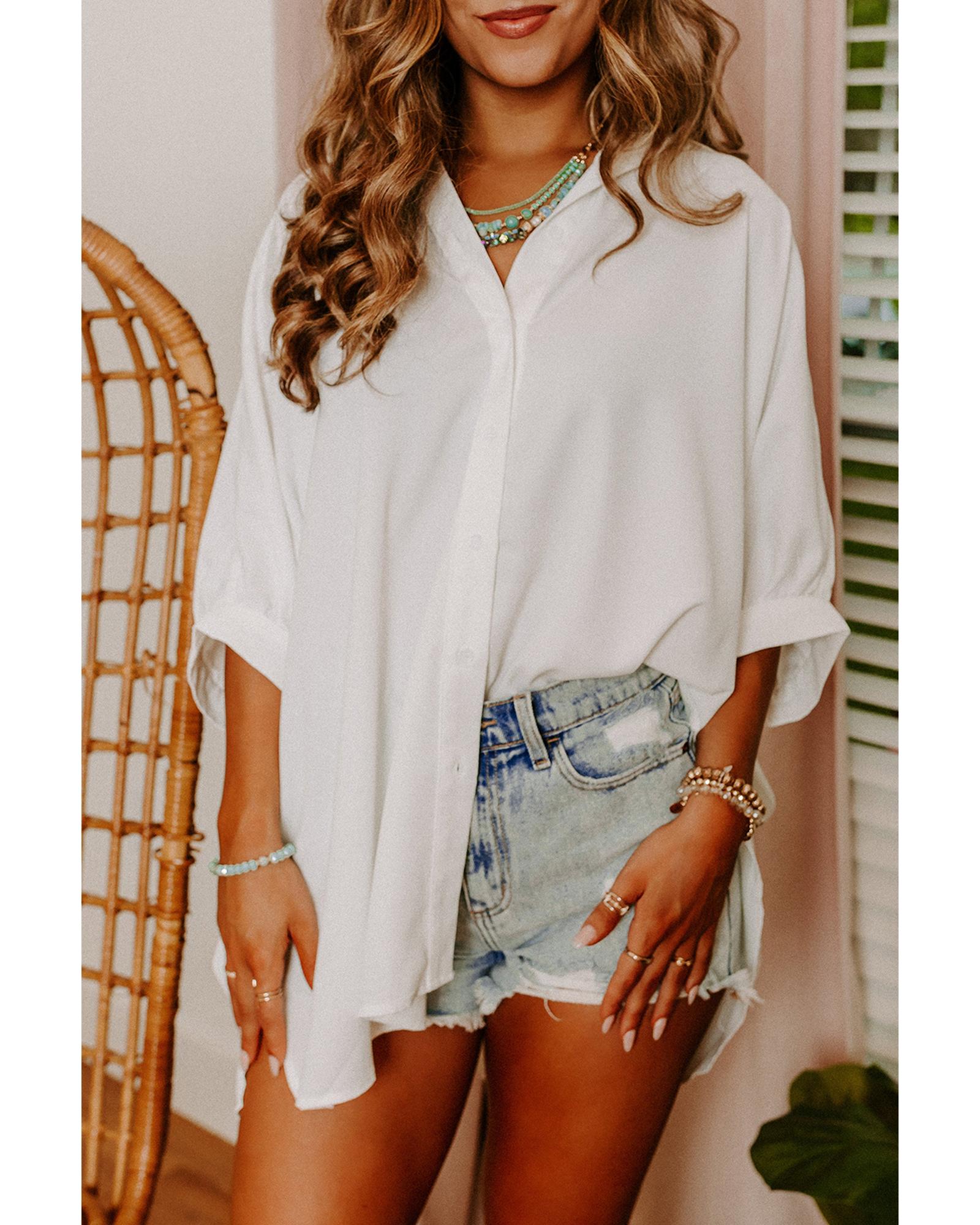 V539-AZEXDC2553185-1-L-202506130933-00 Azura Exchange White 3/4 Puff Sleeve Oversize Shirt - L - Image 1