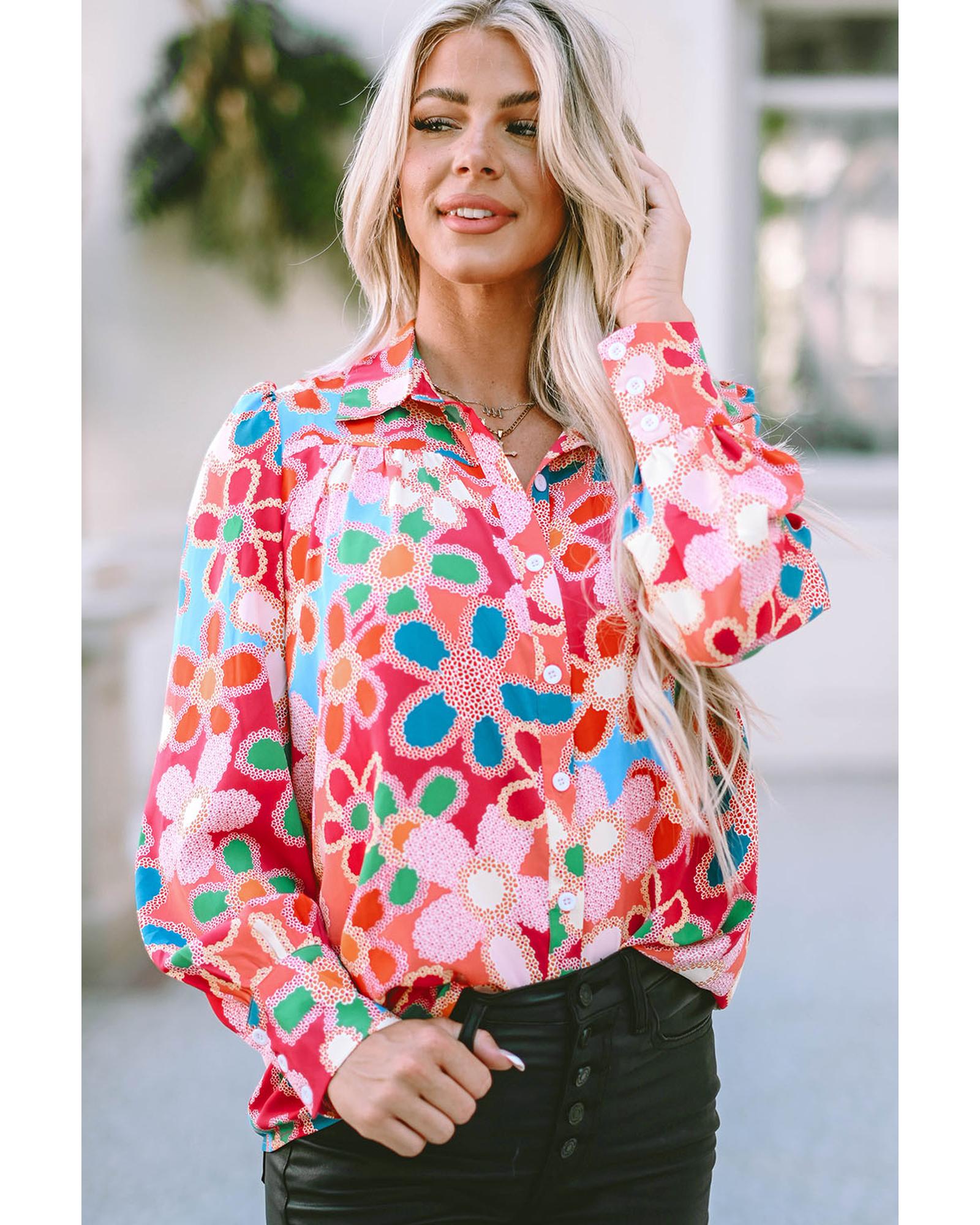 V539-AZEXDC2553715-22-S-202508261035-00 Azura Exchange Floral Print Bubble Sleeve Shirt - S - Image 1