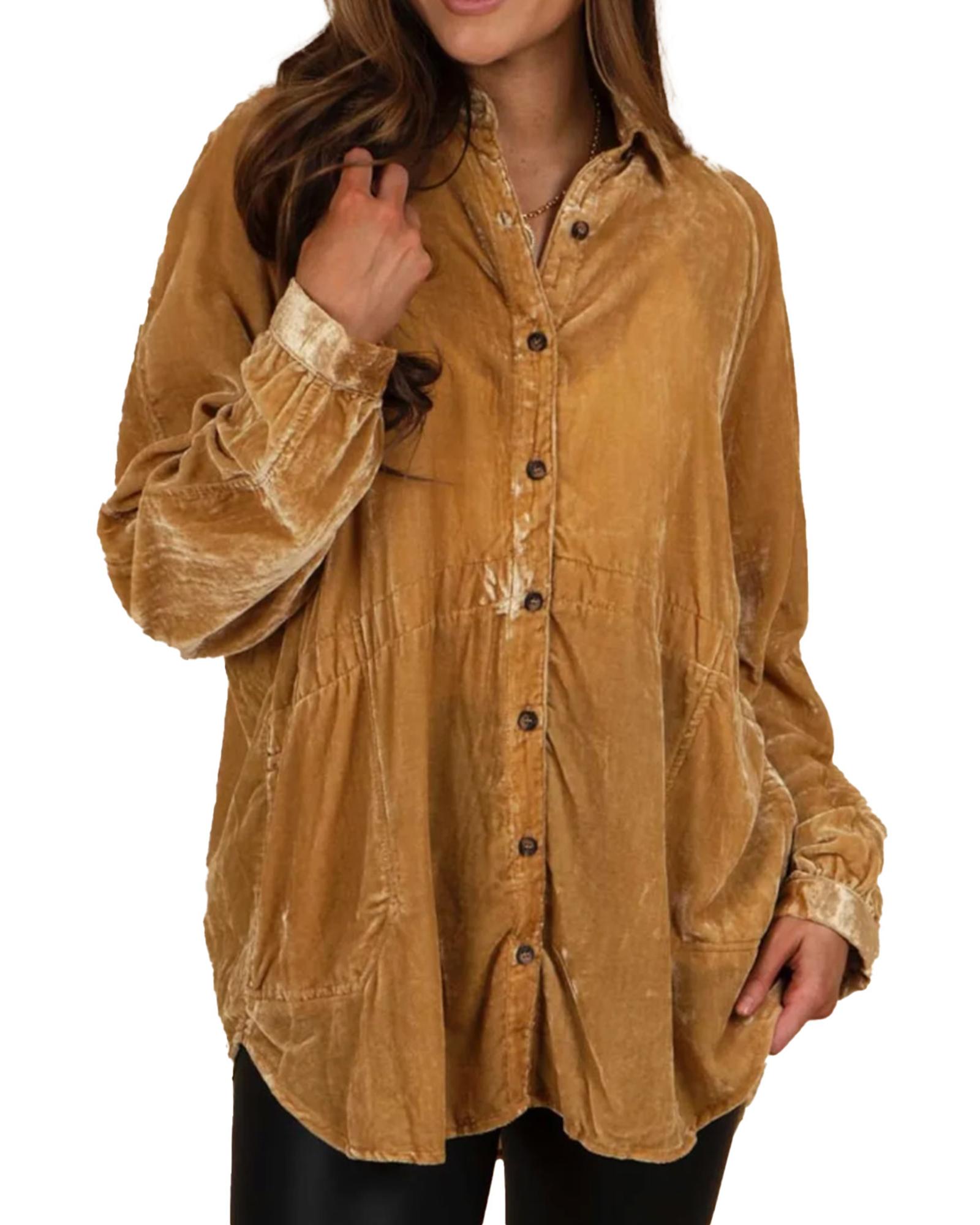 V539-AZEXDC2553850-12-M-202508281740-00 Gold Solid Color Button Up Loose Fit Velvet Shirt - M - Image 1