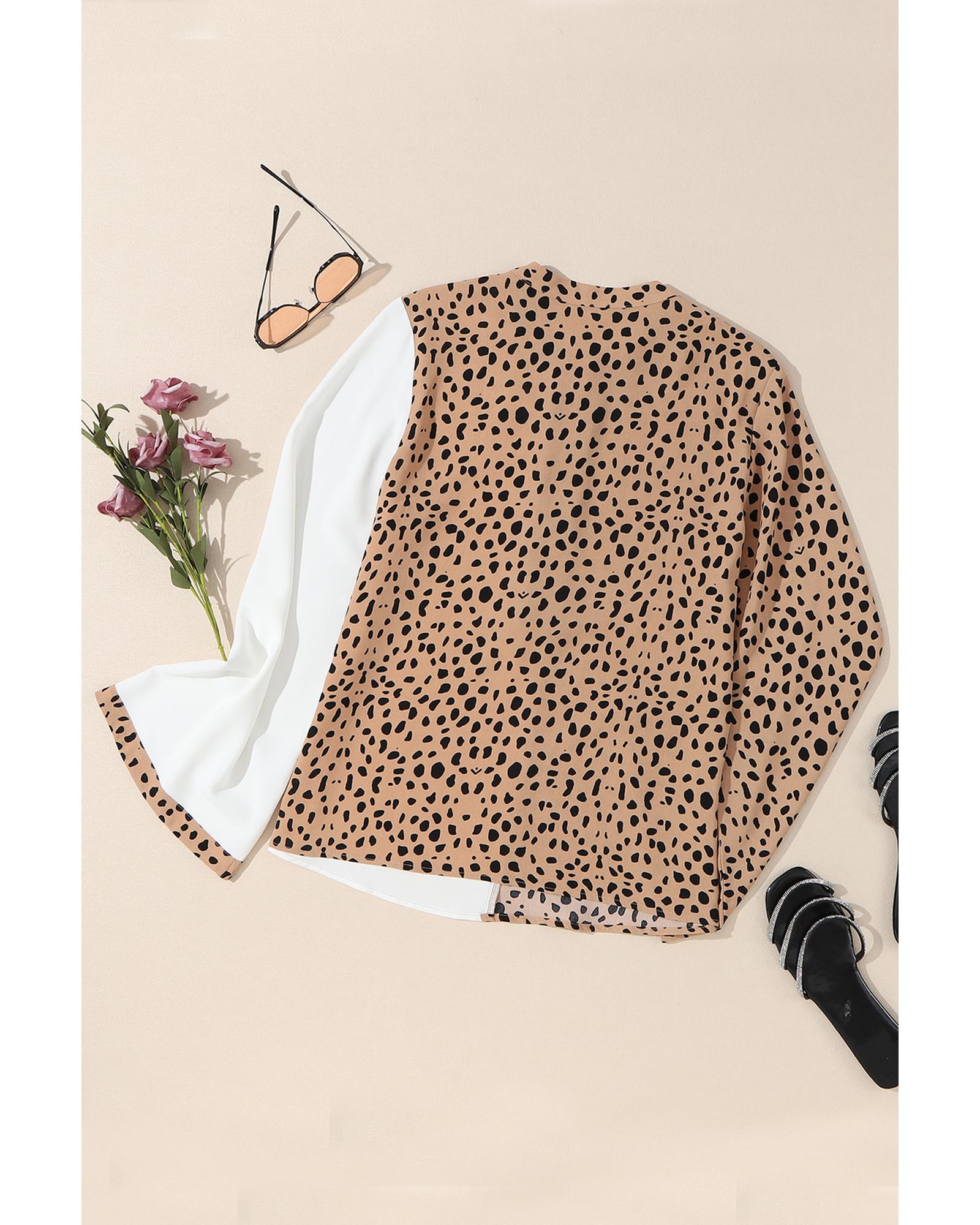 V539-AZEXDC2553996-16-S-202506130946-00 Khaki Leopard Contrast Half Button Casual Blouse - S - Image 1