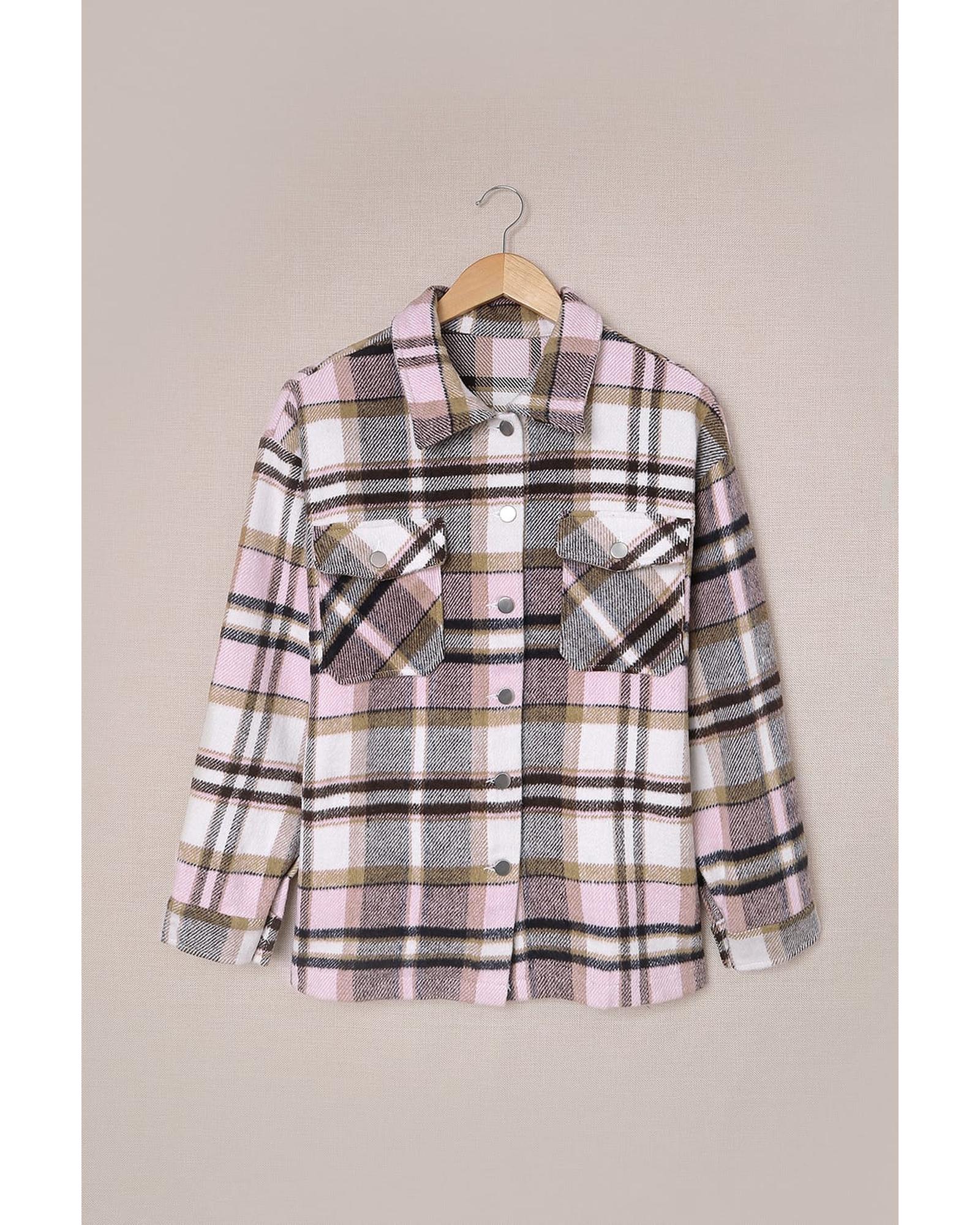 V539-AZEXDC255462-10-S-202506131530-00 Azura Exchange Pink Geometric Plaid Print Pocketed Shacket - S - Image 1