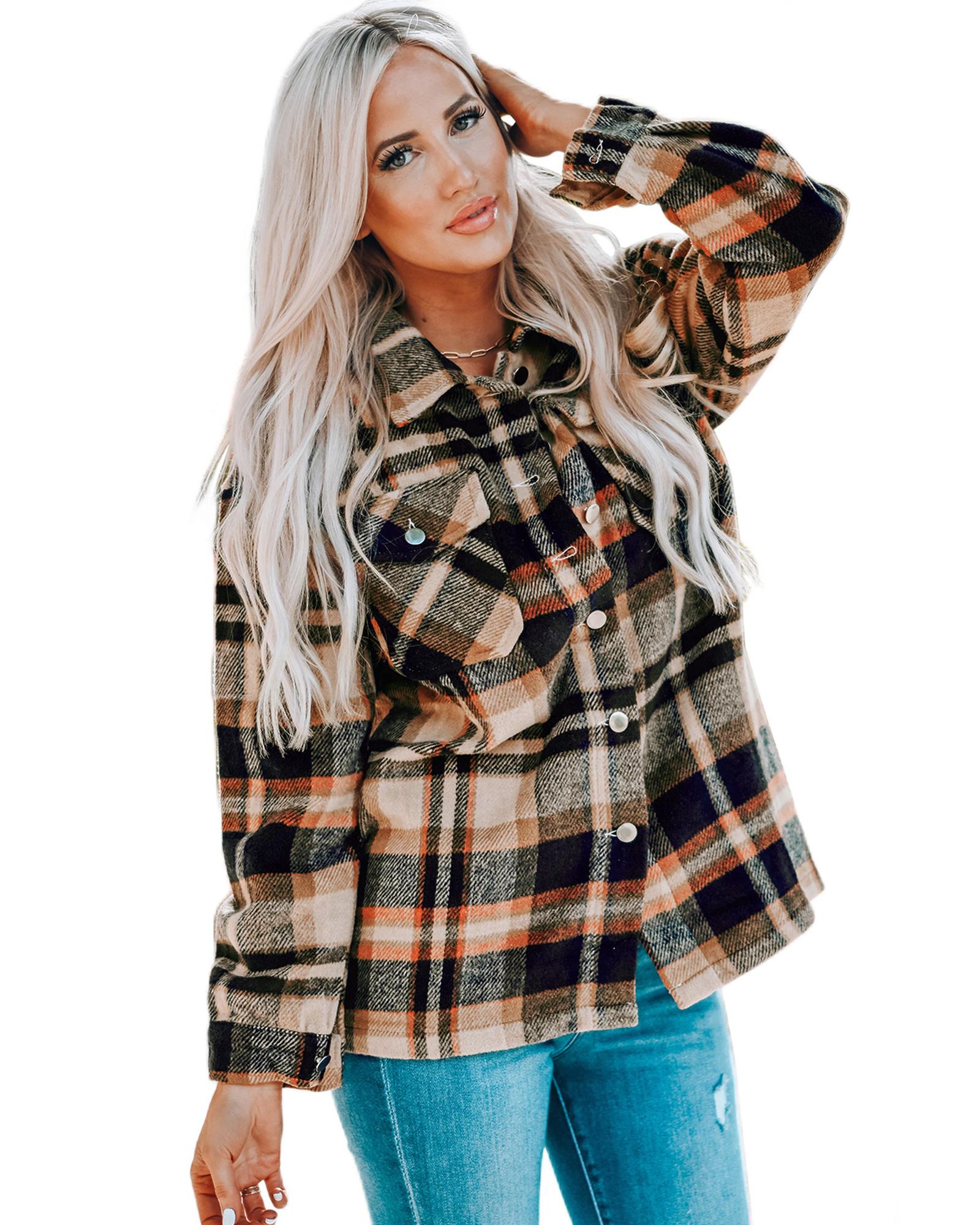 V539-AZEXDC255462-14-2XL-202508300150-00 Orange Geometric Plaid Print Pocketed Shacket - 2XL - Image 1