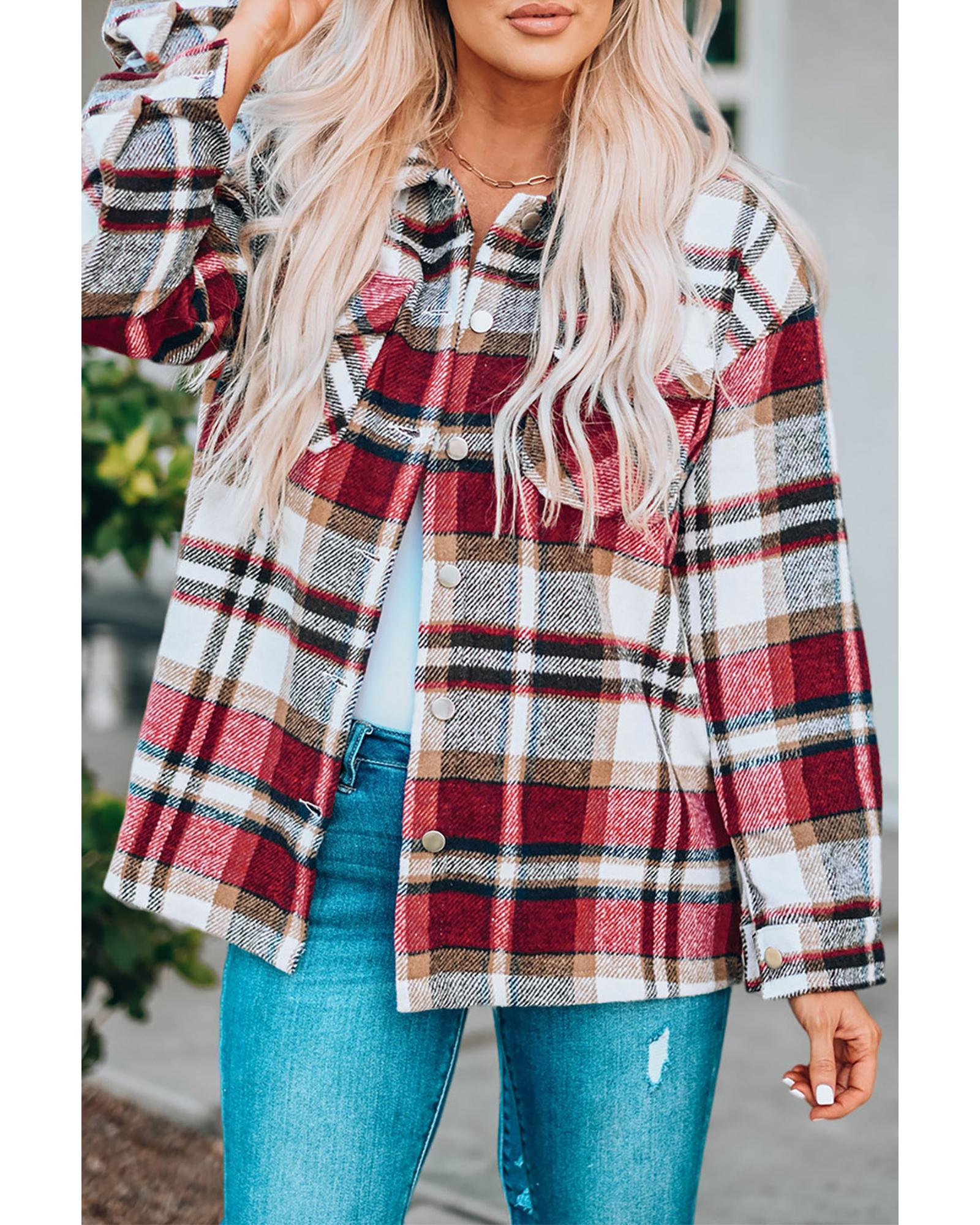 V539-AZEXDC255462-3-L-202508271225-00 Azura Exchange Red Geometric Plaid Print Pocketed Shacket - L - Image 1