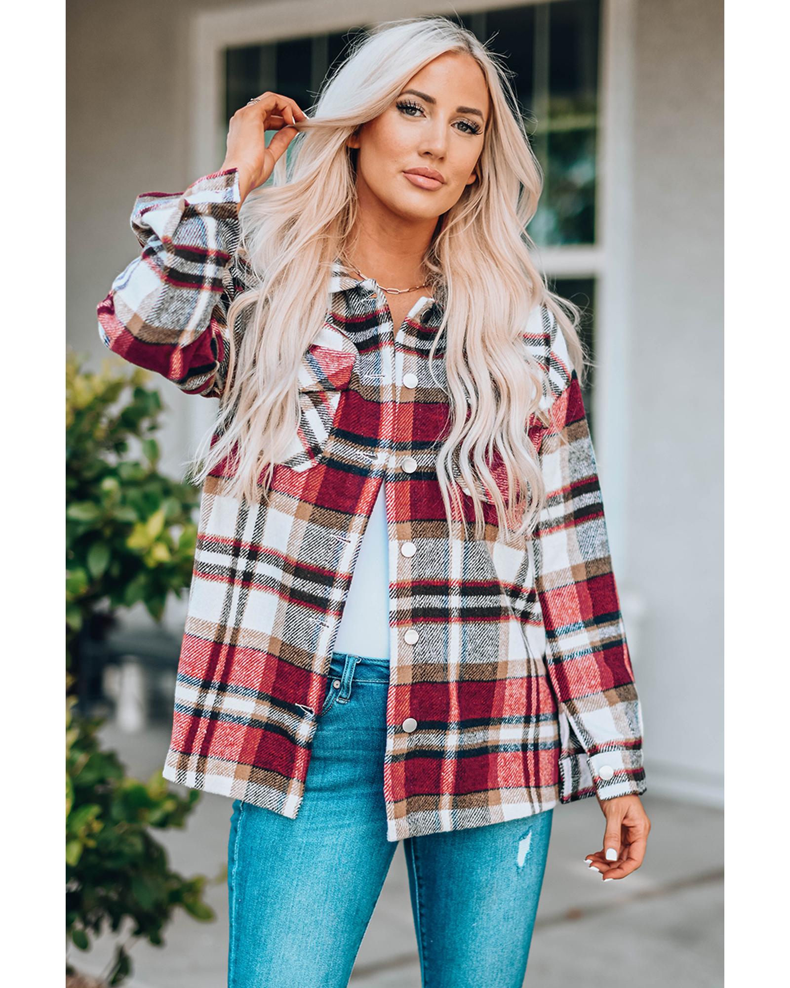 V539-AZEXDC255462-3-XL-202508271735-00 Azura Exchange Red Geometric Plaid Print Pocketed Shacket - XL - Image 1