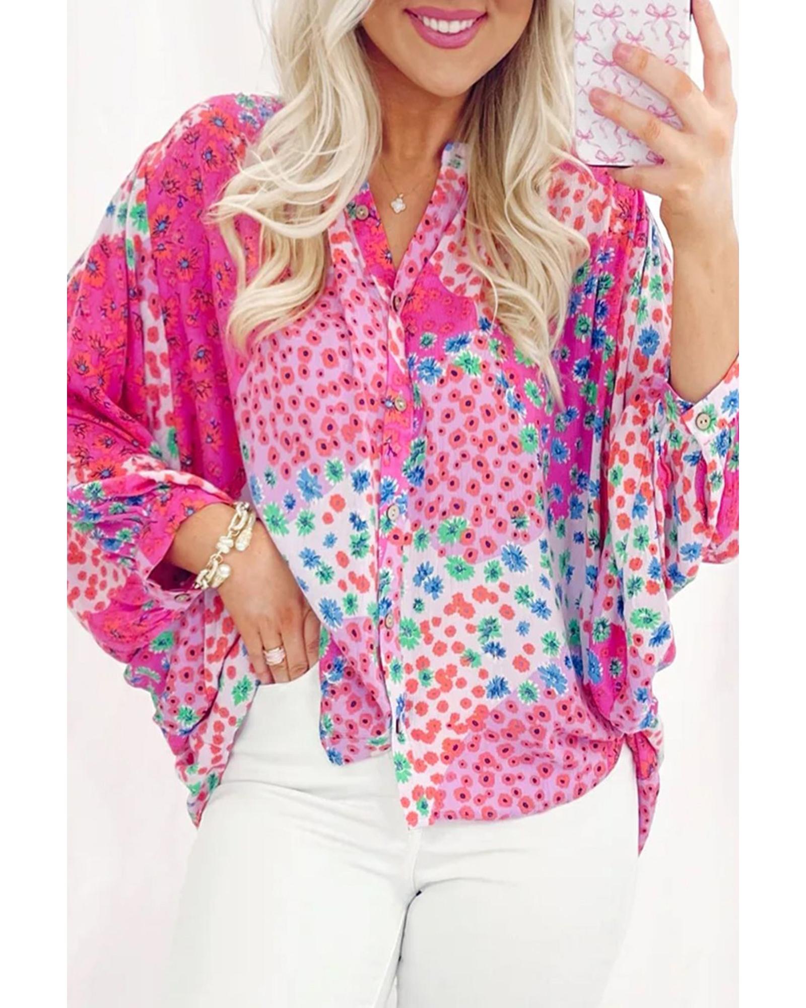 Rose Red Floral Allover Print Buttoned V Neck Oversized Shirt - M