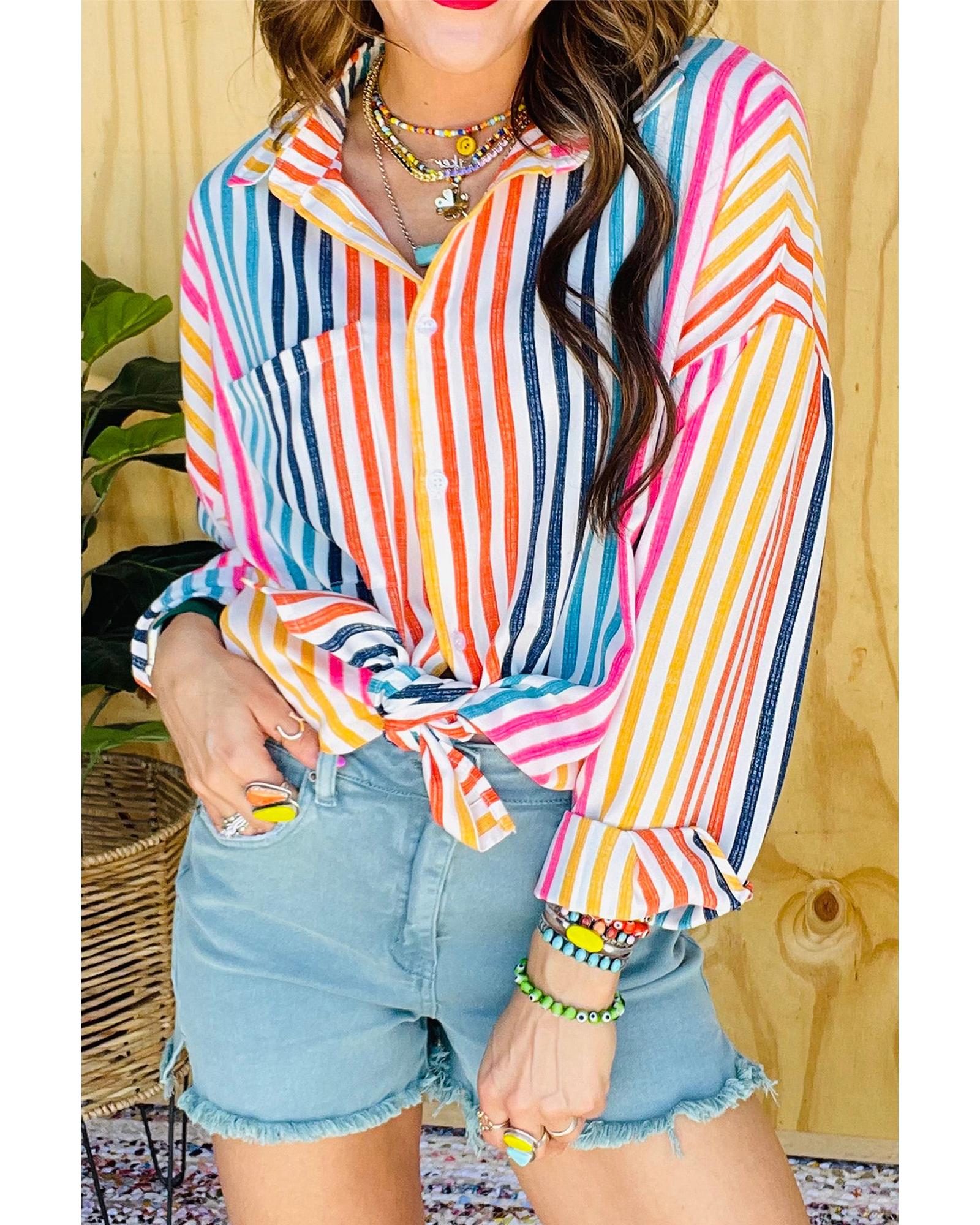 V539-AZEXDC2555058-P1419-M-202508271715-00 Orange Stripe Multicolor Drop Shoulder Loose Shirt - M - Image 1