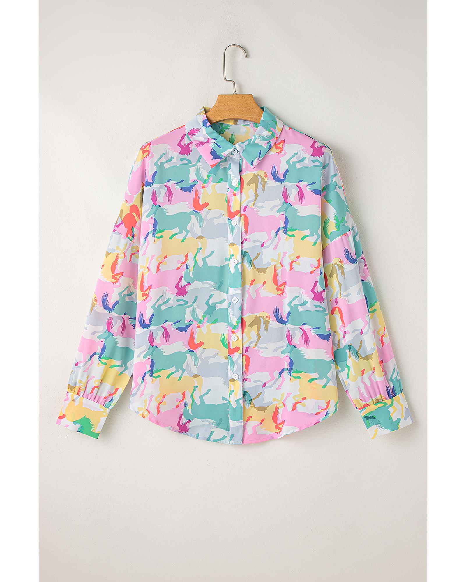 V539-AZEXDC2555362-P122-XL-202508282155-00 White Colorful Horse Printed Long Sleeve Button Up Casual Shirt - XL - Image 1