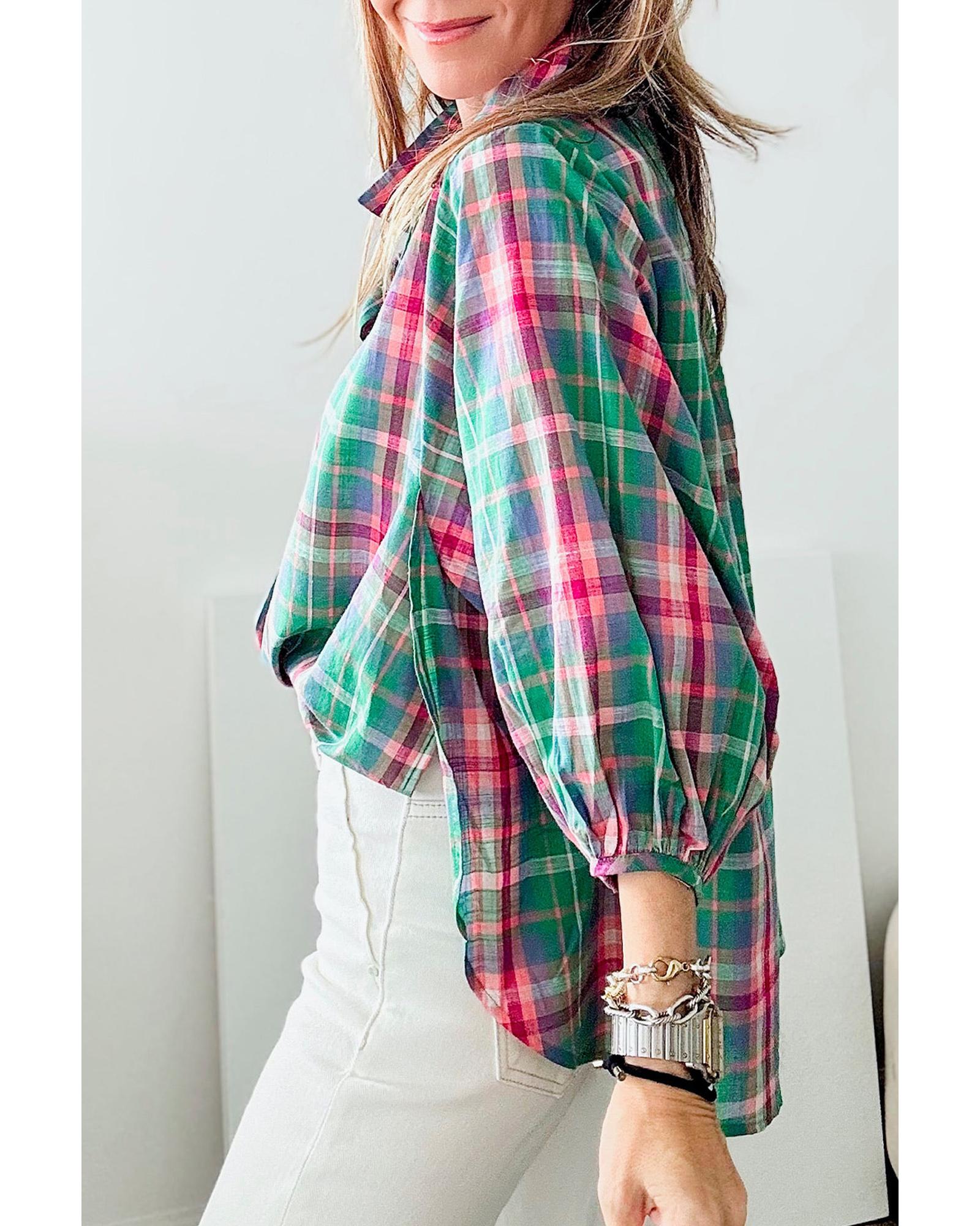 V539-AZEXDC2555366-P922-M-202508300135-00 Green Checkered 3/4 Sleeve Collared Loose Fit Shirt - M - Image 1