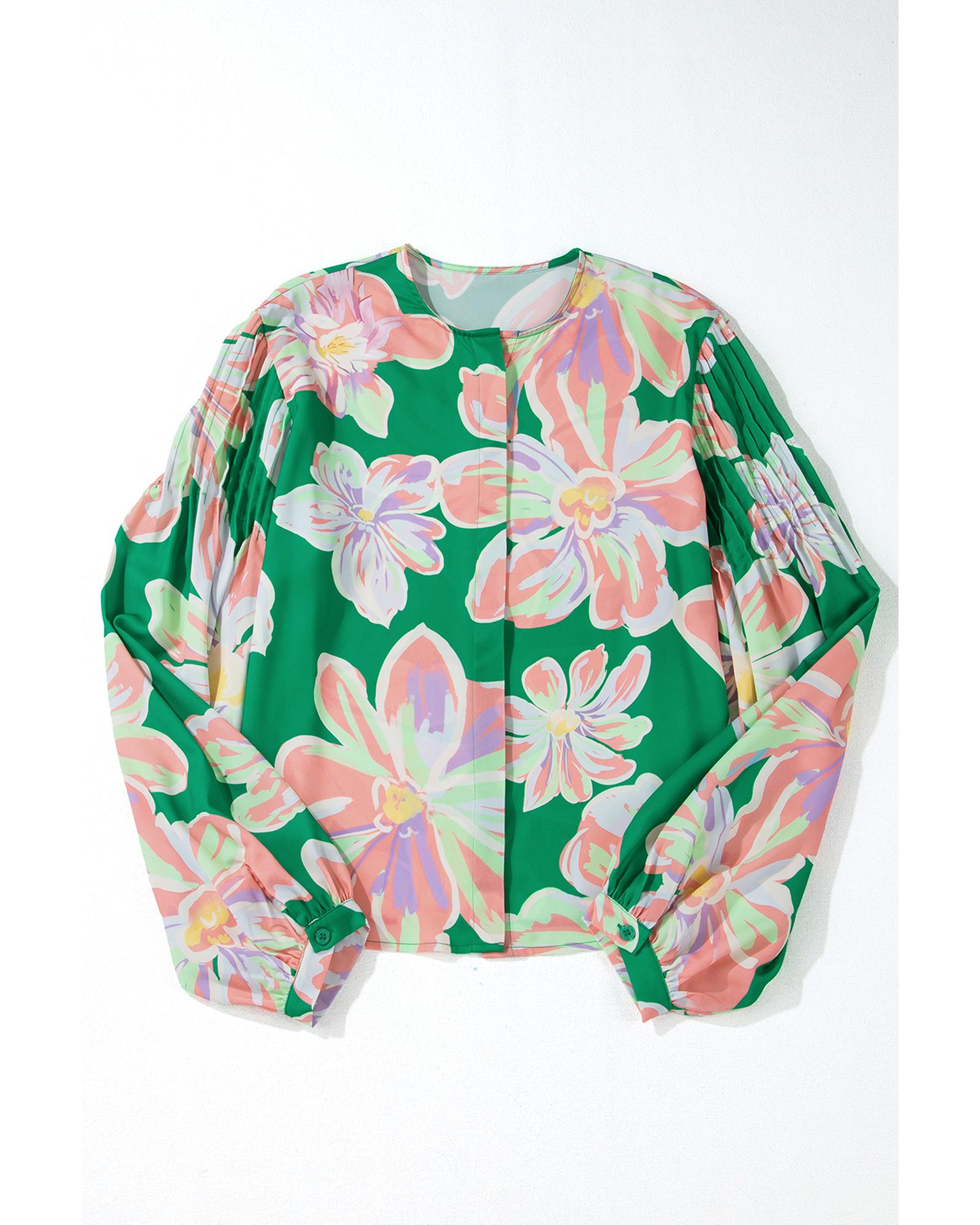 V539-AZEXDC2555466-P920-XL-202508280935-00 Green Floral Print Button up Pleated Puff Sleeve Loose Shirt - XL - Image 1