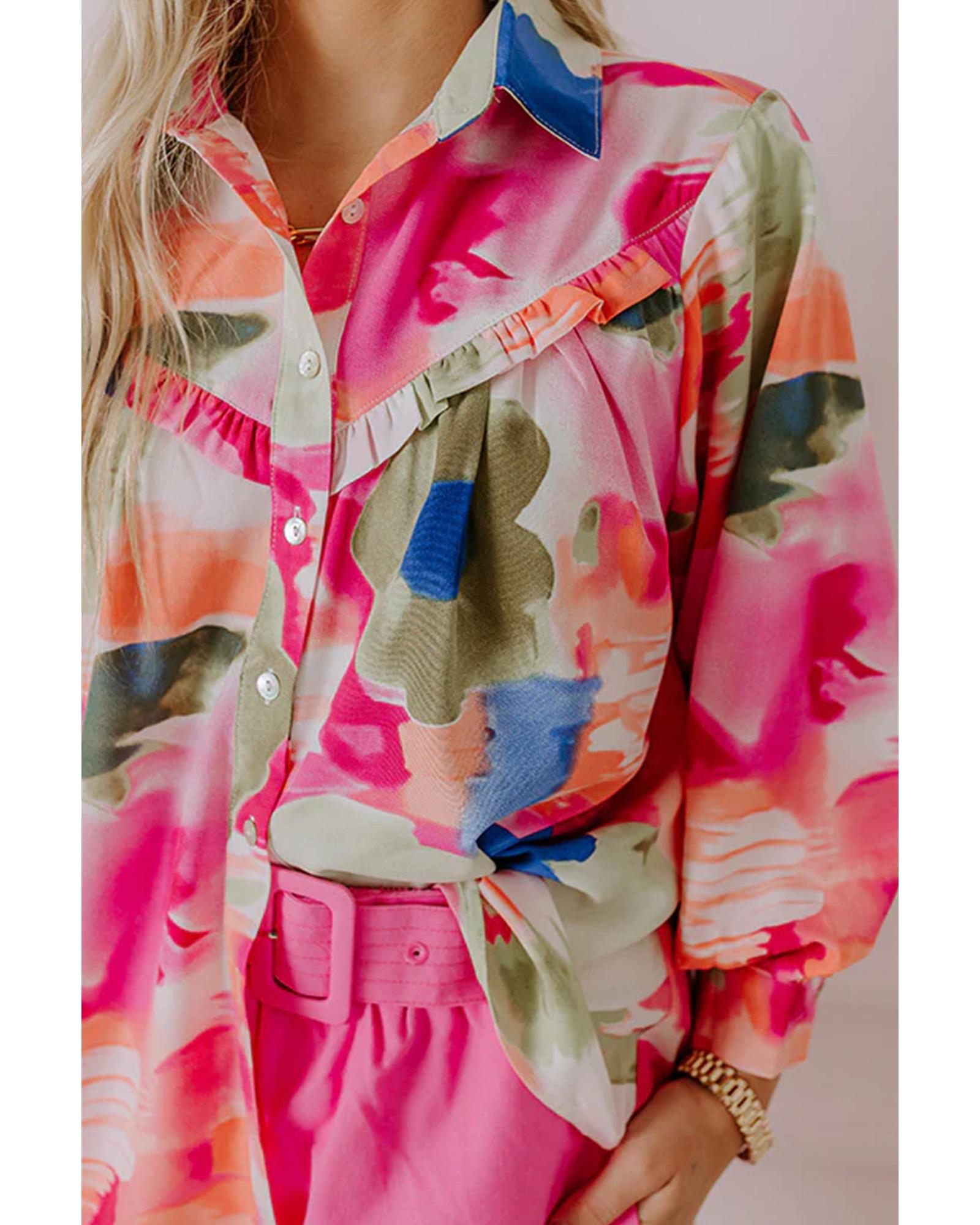 V539-AZEXDC2555686-P620-XL-202508292150-00 Rose Abstract Print Ruffled Puff Sleeve Shirt - XL - Image 1