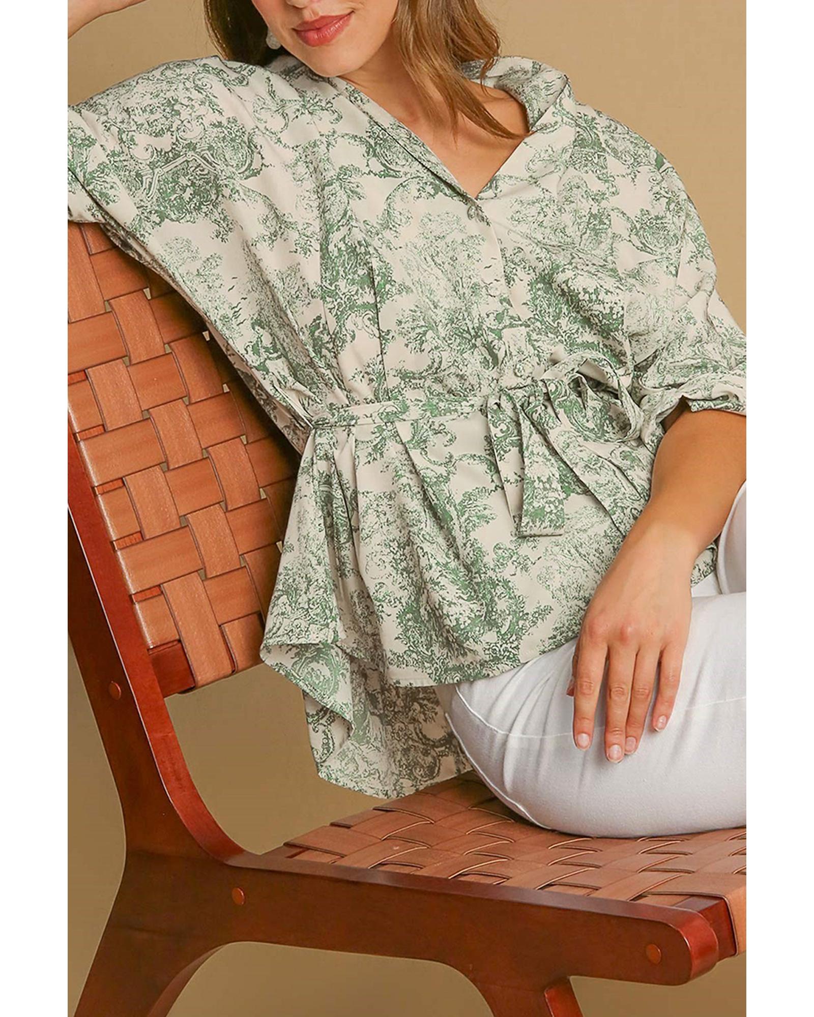 V539-AZEXDC2555692-P920-S-202506131317-00 Green Landscape Print Tied 3/4 Sleeve Shirt with Sash - S - Image 1