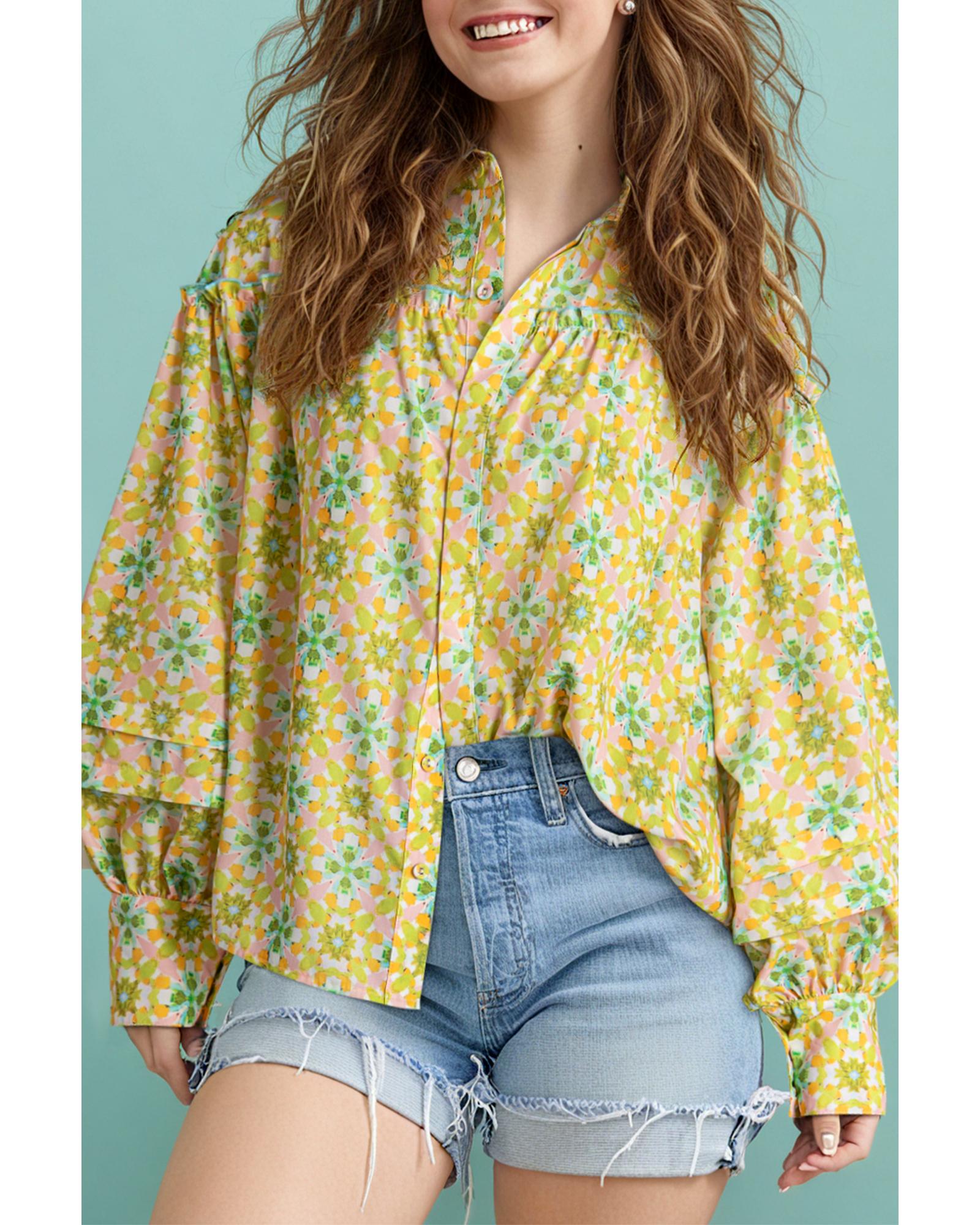 V539-AZEXDC2555732-P922-XL-202508280635-00 Green Boho Floral Print Frilly Detail Puff Sleeve Shirt - XL - Image 1