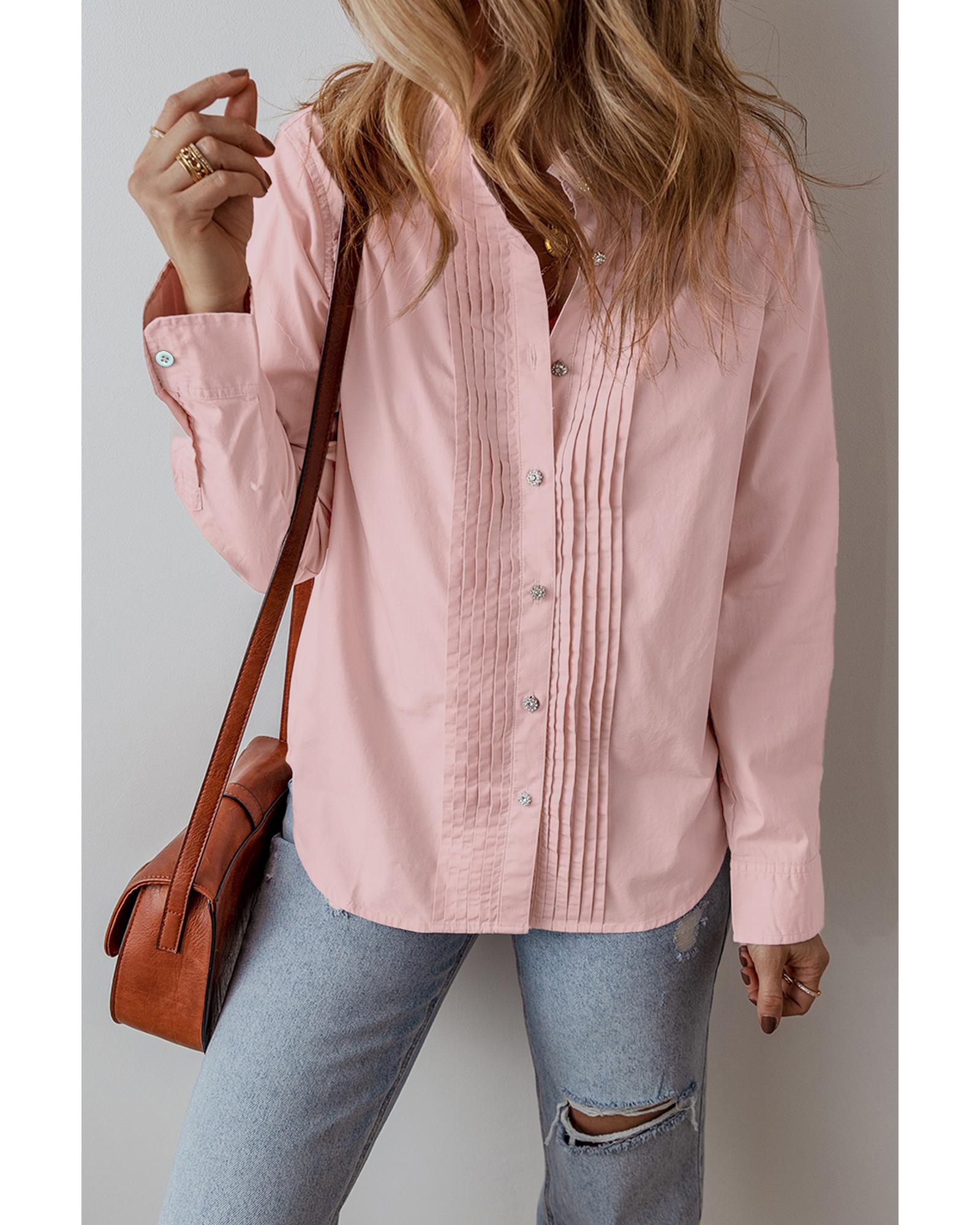 V539-AZEXDC2555754-P1010-XL-202508281900-00 Light Pink Pleated Button-Up Loose Fit Casual Shirt - XL - Image 1