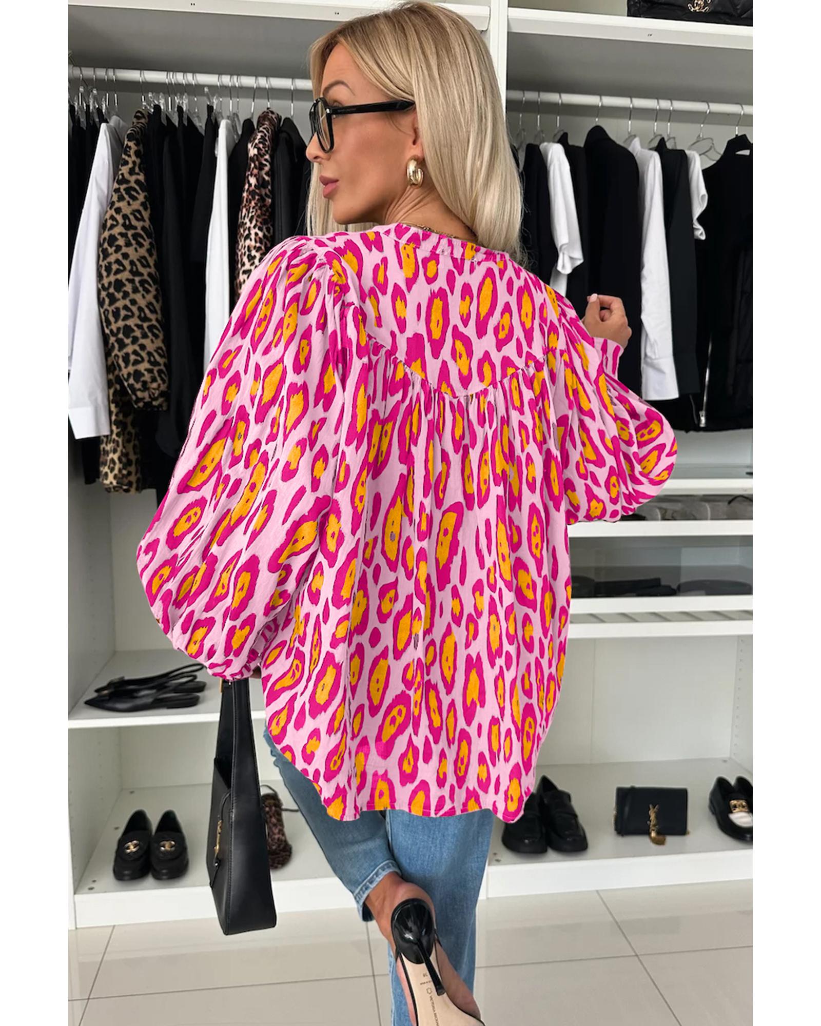 V539-AZEXDC2555762-P6-XL-202508290255-00 Rose Red Oversized Leopard Print Balloon Sleeve Casual Shirt - XL - Image 1