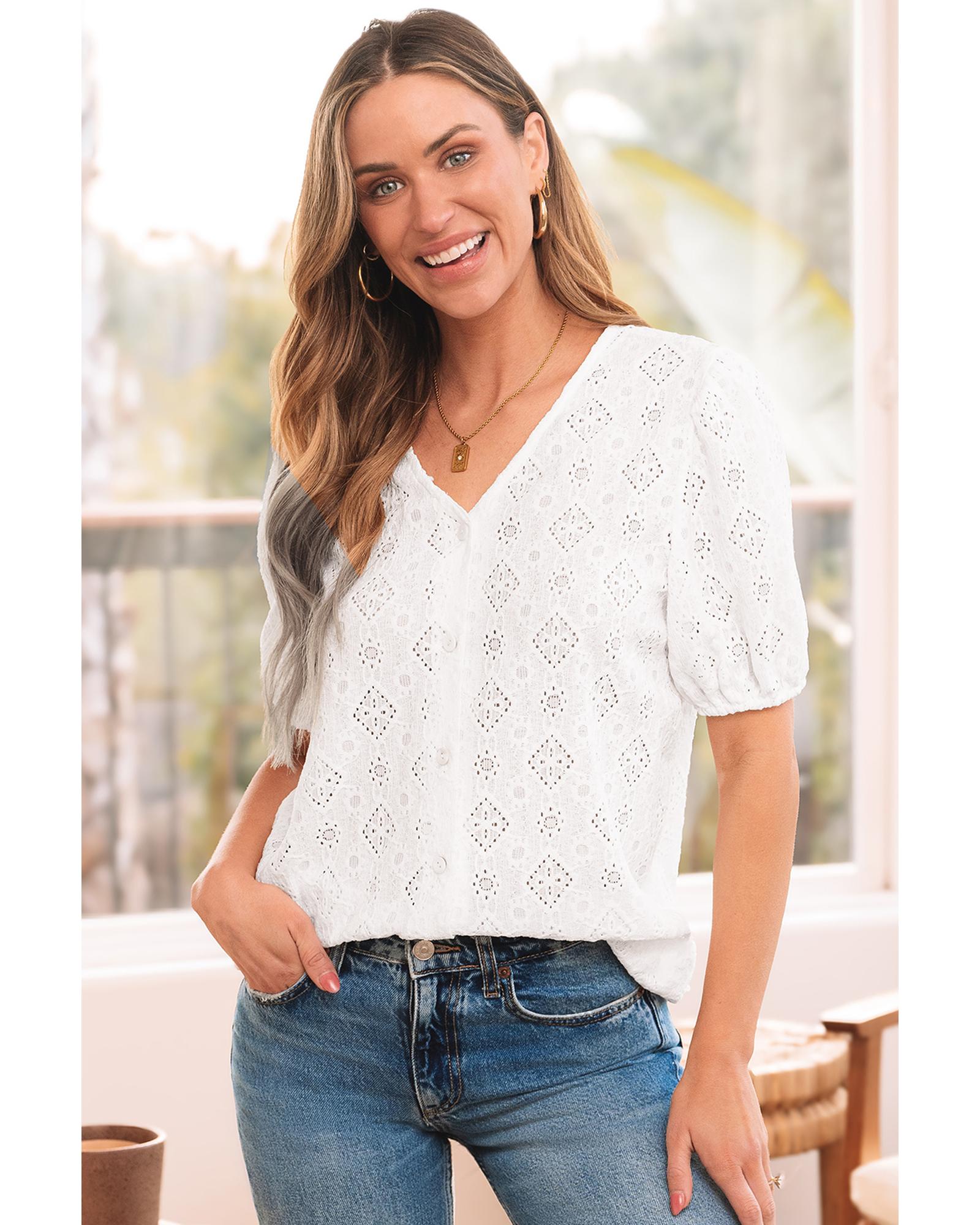 V539-AZEXDC2555821-P1-L-202508292200-00 White Lace Puff Sleeve V Neck Button Up Shirt - L - Image 1